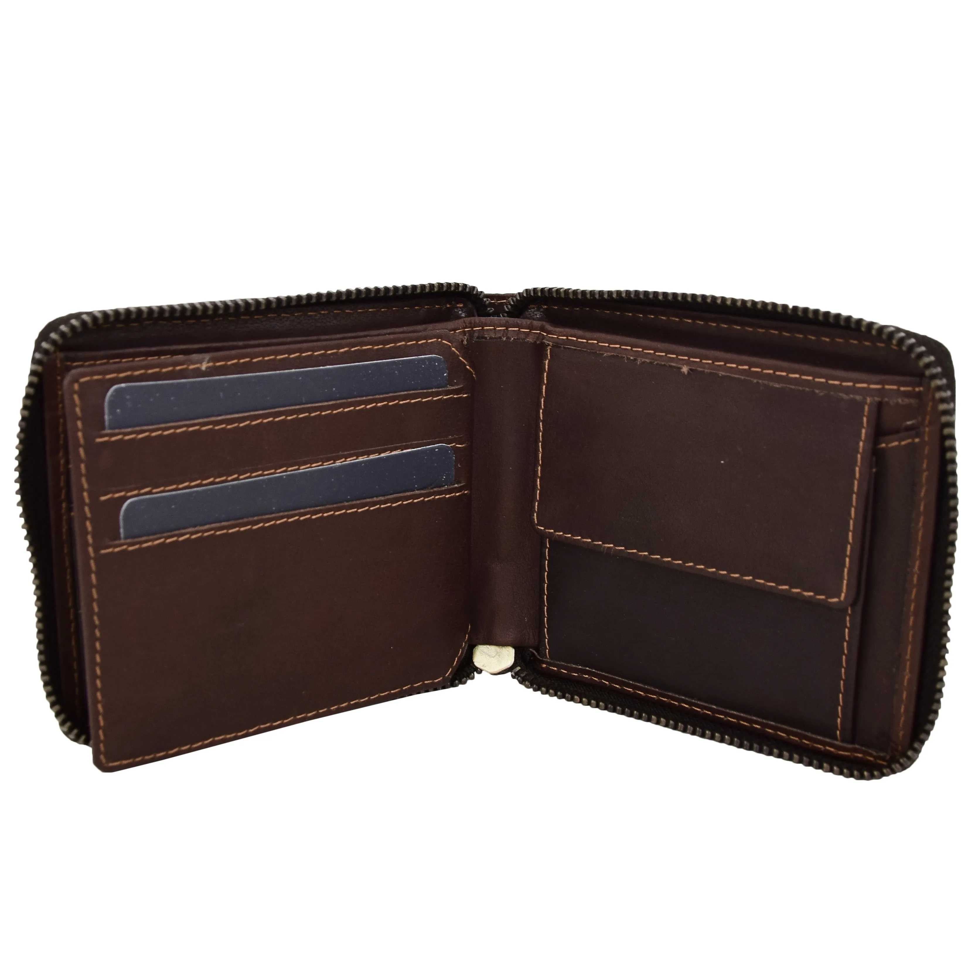 DR411 Men's Rfid Zip Around Real Leather Cards Coins Wallet Brown