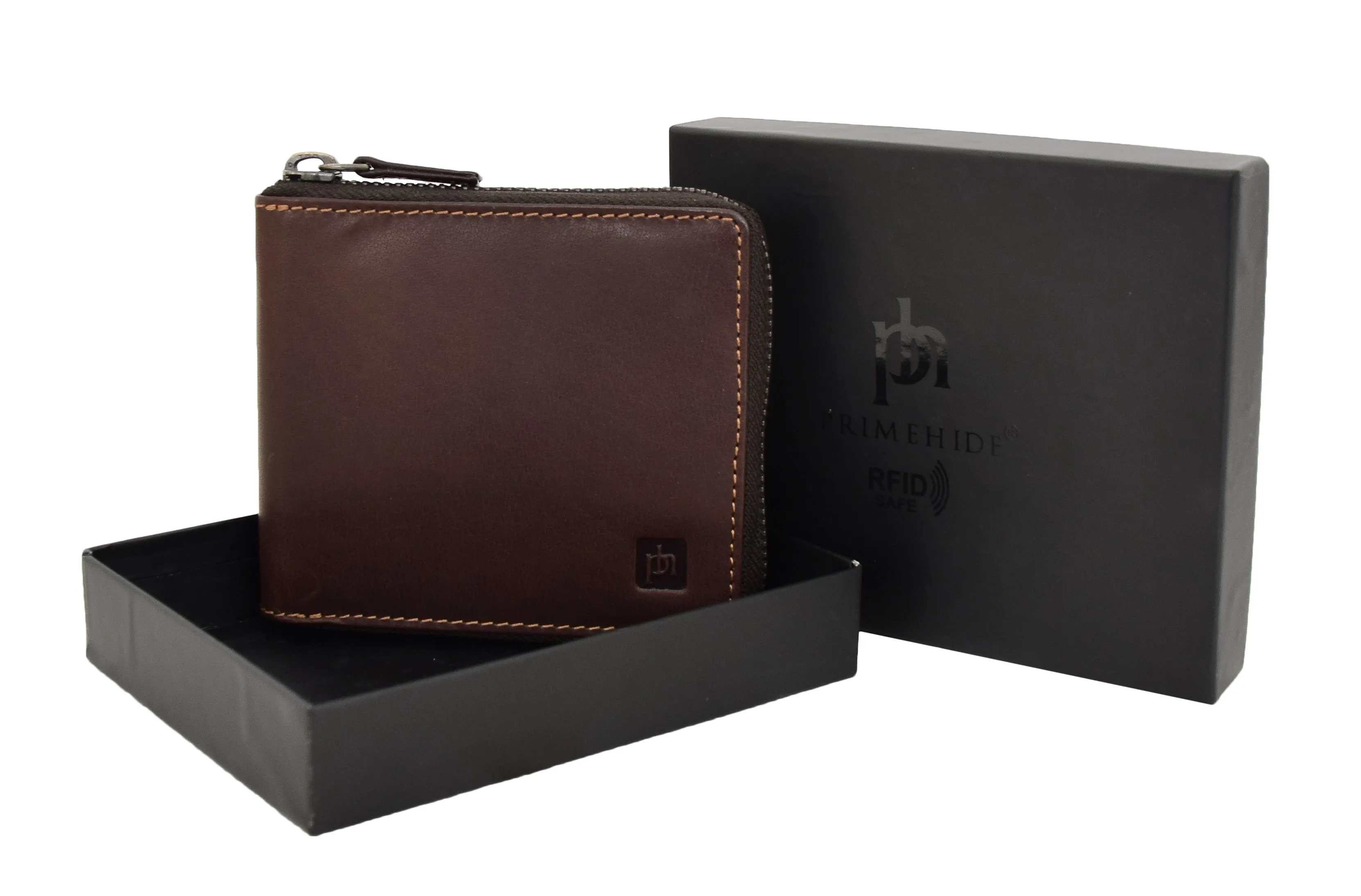 DR411 Men's Rfid Zip Around Real Leather Cards Coins Wallet Brown