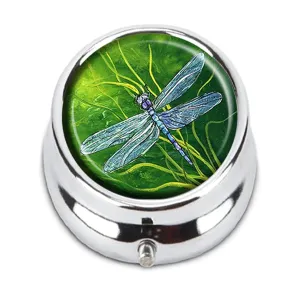 Dragonfly and Green Grass Custom Fashion Round Pill Box Tablet Holder Pocket Purse Organizer Case Decoration Box