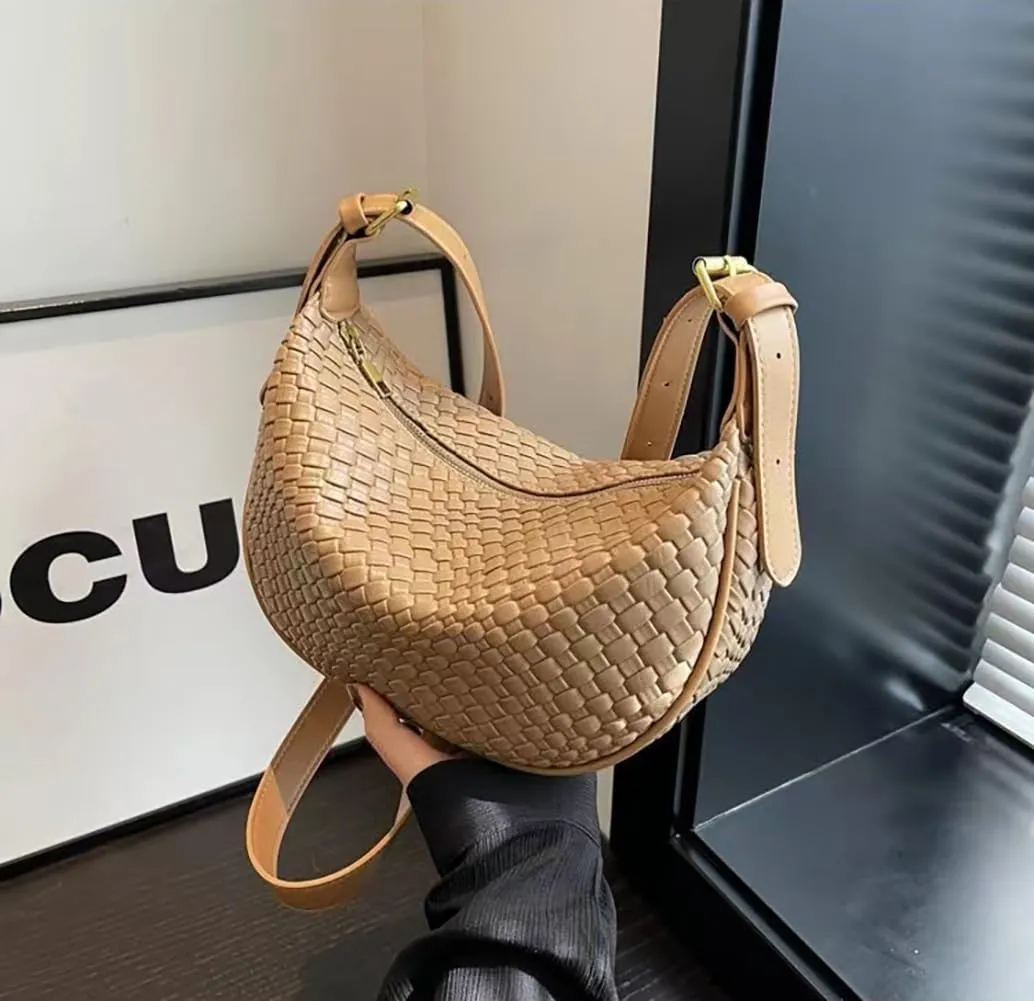 Dreubea Vintage Woven Handbag PU Leather Crescent Shoulder Crossbody Hobo Bag for Women Ladies
