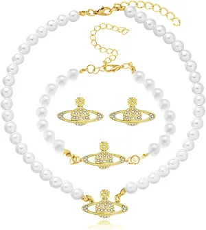 Dreuyet Saturn Pearl Necklace and Earrings Set Crystal Planet Earrings Dainty Artificial Pearl Choker Necklace Charm Gifts for Mum Wife Wedding Birthday Anniversary