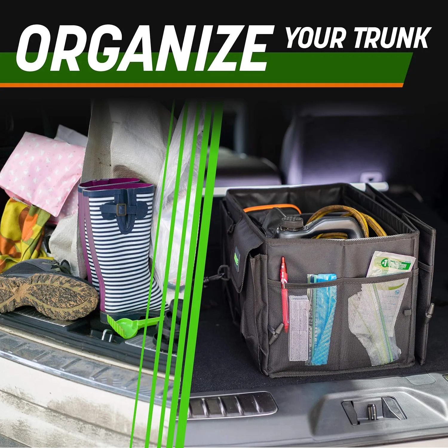 DRIVE - Car Trunk Organizer - Collapsible, Multi-Compartment Automotive SUV Car Organizer for Storage w/Adjustable Straps - Truck & Car Accessories for Women and Men - Tan