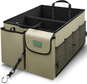 DRIVE - Car Trunk Organizer - Collapsible, Multi-Compartment Automotive SUV Car Organizer for Storage w/Adjustable Straps - Truck & Car Accessories for Women and Men - Tan