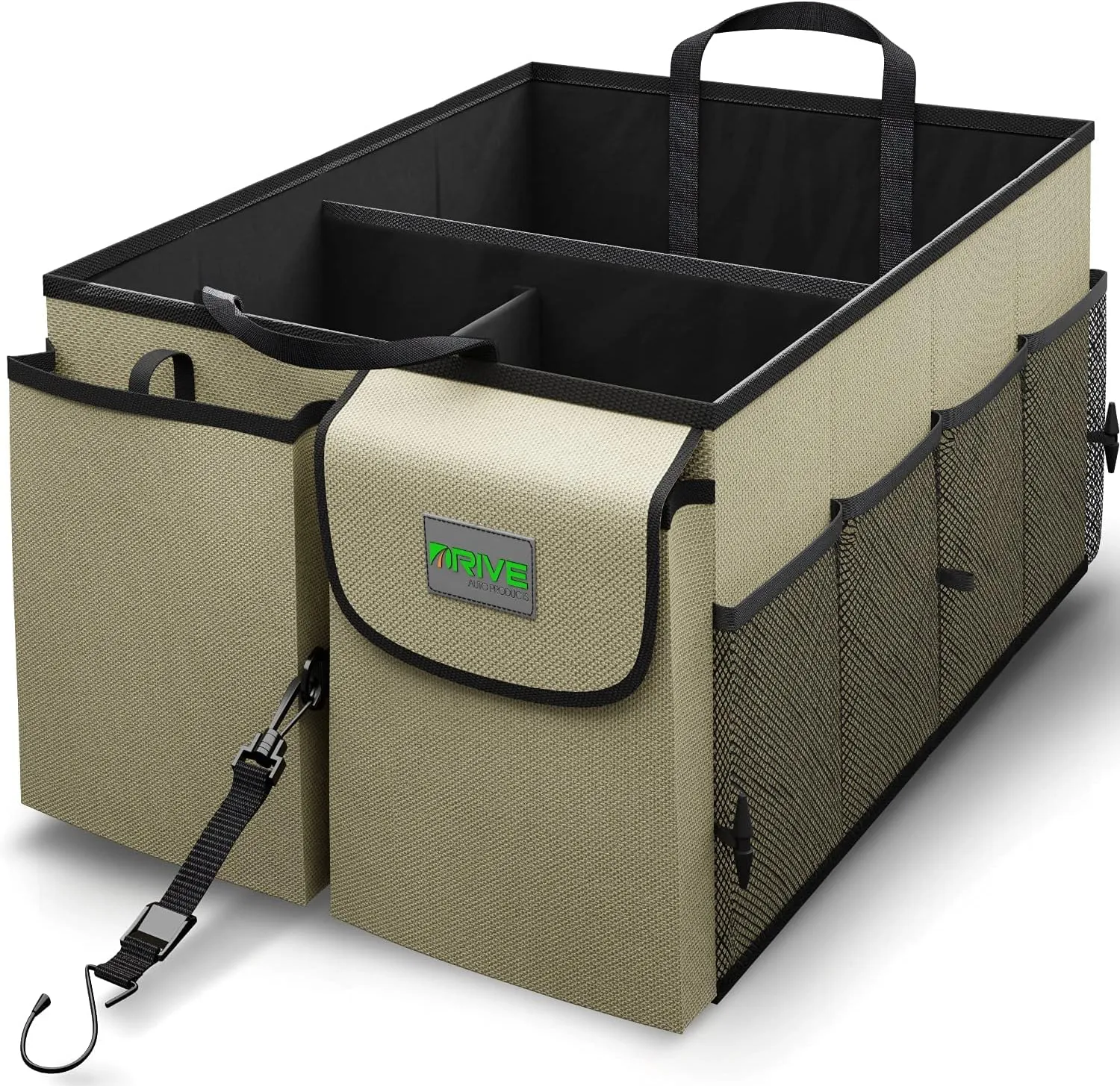 DRIVE - Car Trunk Organizer - Collapsible, Multi-Compartment Automotive SUV Car Organizer for Storage w/Adjustable Straps - Truck & Car Accessories for Women and Men - Tan