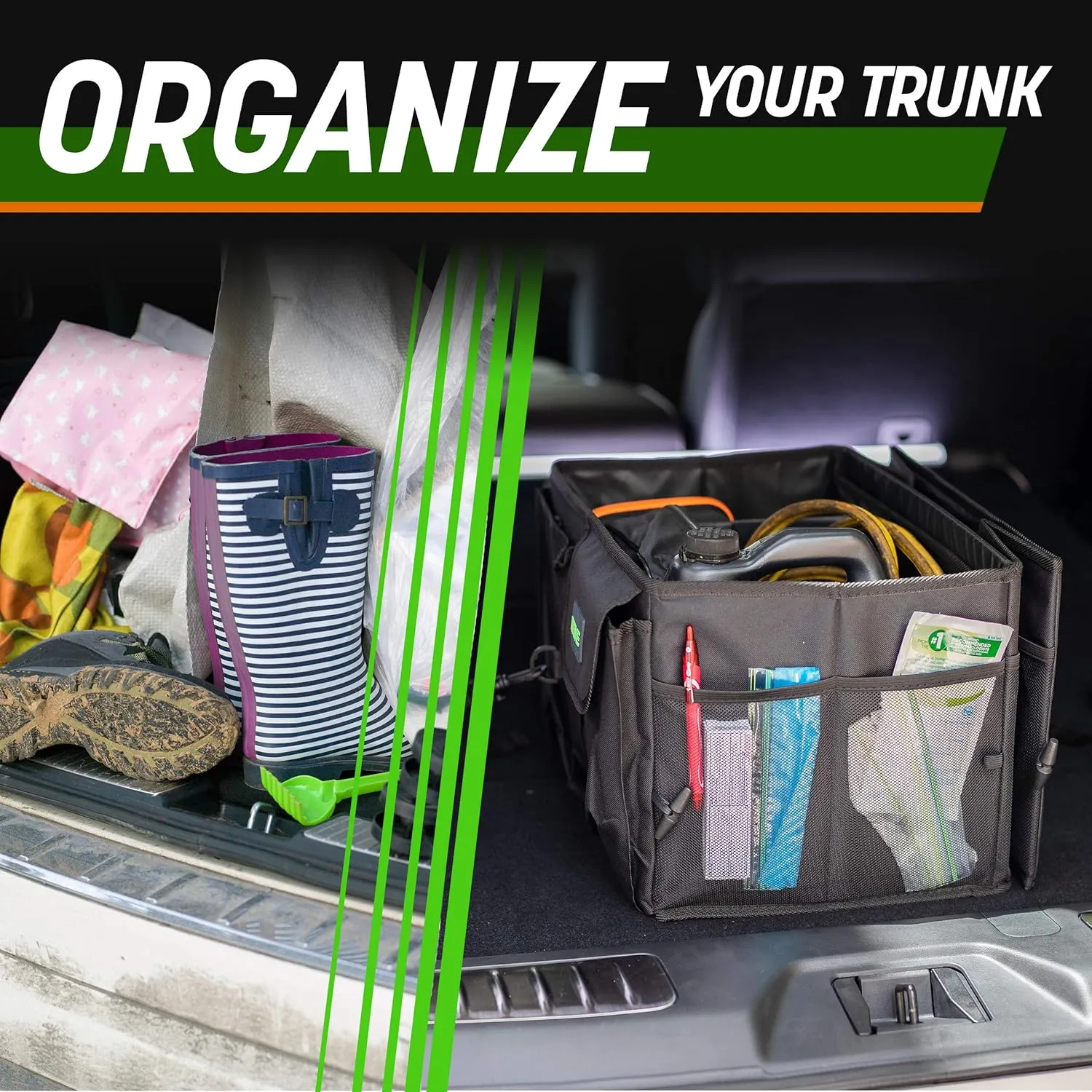 DRIVE - Car Trunk Organizer - Collapsible, Multi-Compartment Automotive SUV Car Organizer for Storage w/Adjustable Straps - Truck & Car Accessories for Women and Men - Tan