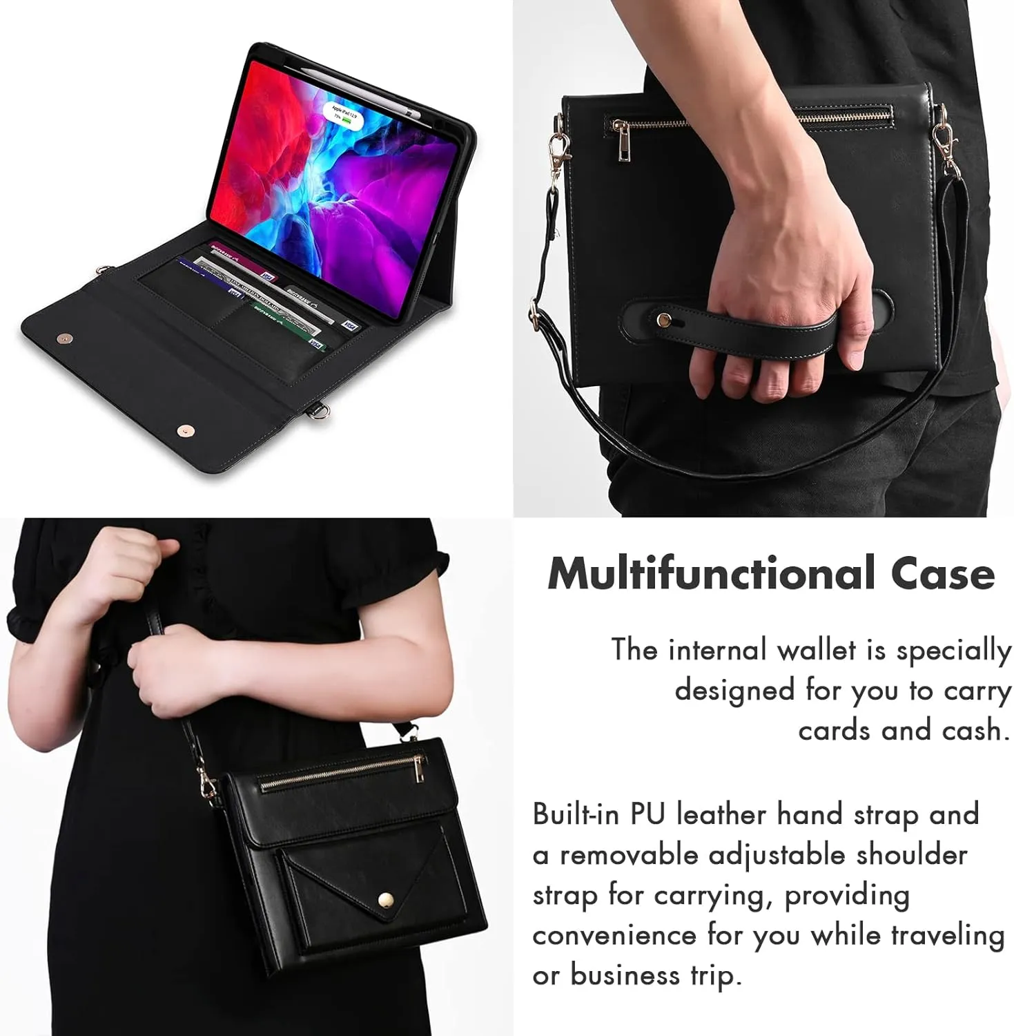 Dteck Case for iPad Air 13 (M2) 2024/iPad Pro 12.9 inch 6th/5th/4th/3rd Generation,Premium PU Leather Folio Stand Cover Pencil Holder Zipper Pocket Strap Shockproof Protective Business Case,Black