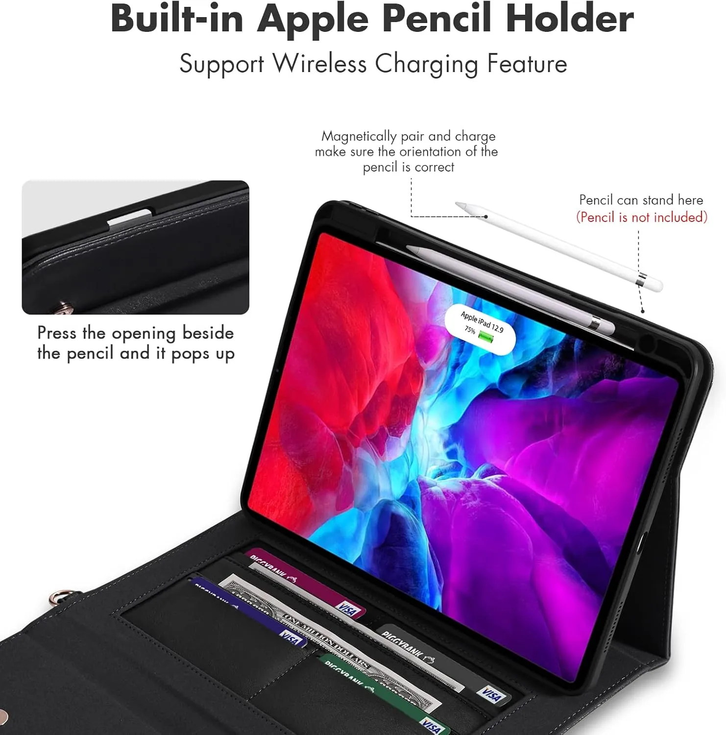Dteck Case for iPad Air 13 (M2) 2024/iPad Pro 12.9 inch 6th/5th/4th/3rd Generation,Premium PU Leather Folio Stand Cover Pencil Holder Zipper Pocket Strap Shockproof Protective Business Case,Black