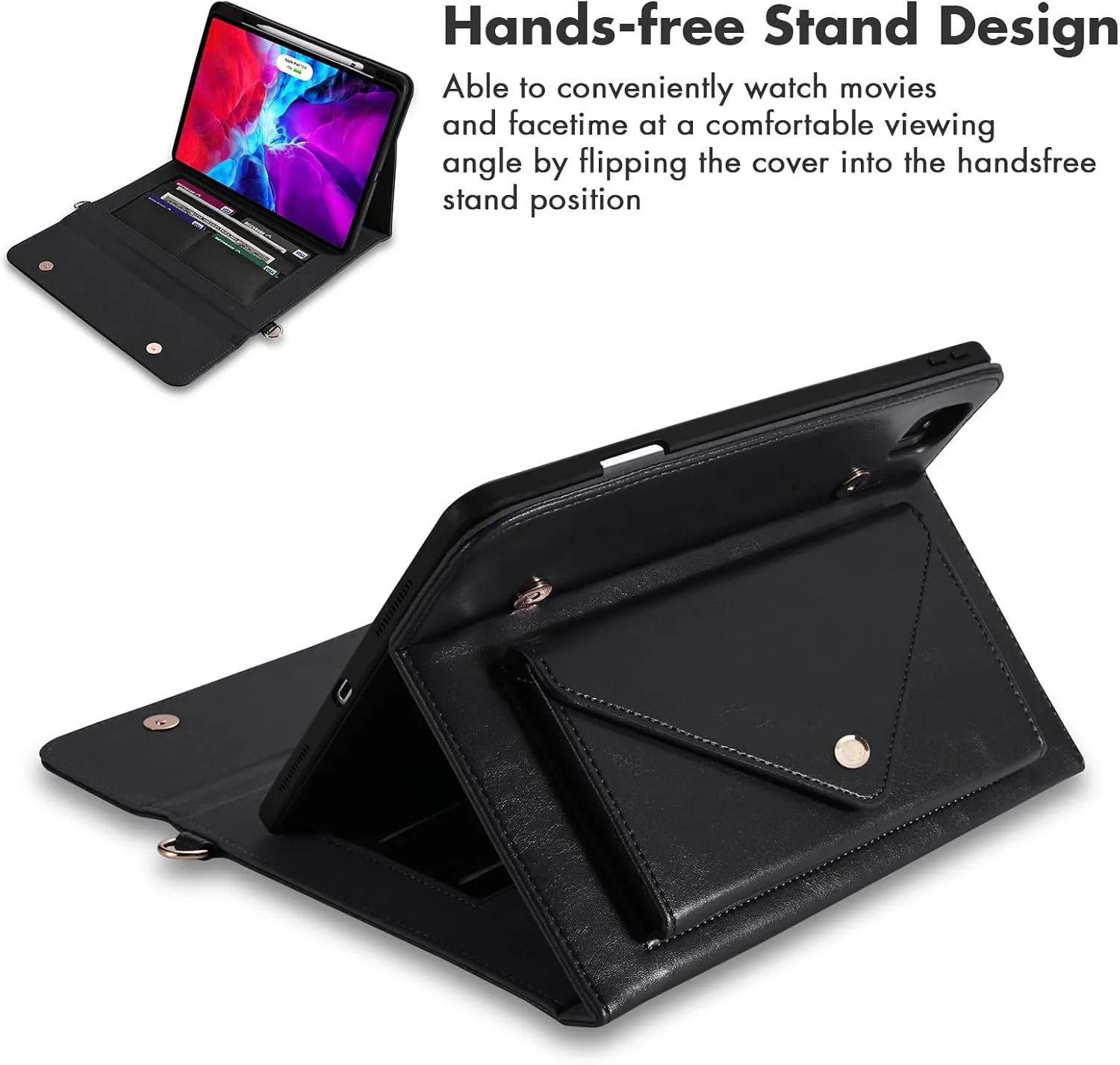 Dteck Case for iPad Air 13 (M2) 2024/iPad Pro 12.9 inch 6th/5th/4th/3rd Generation,Premium PU Leather Folio Stand Cover Pencil Holder Zipper Pocket Strap Shockproof Protective Business Case,Black
