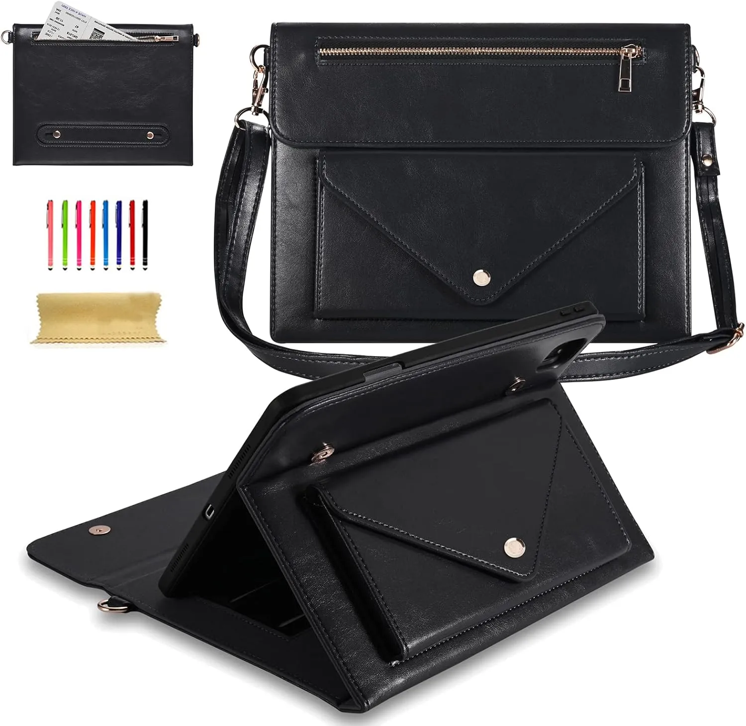 Dteck Case for iPad Air 13 (M2) 2024/iPad Pro 12.9 inch 6th/5th/4th/3rd Generation,Premium PU Leather Folio Stand Cover Pencil Holder Zipper Pocket Strap Shockproof Protective Business Case,Black