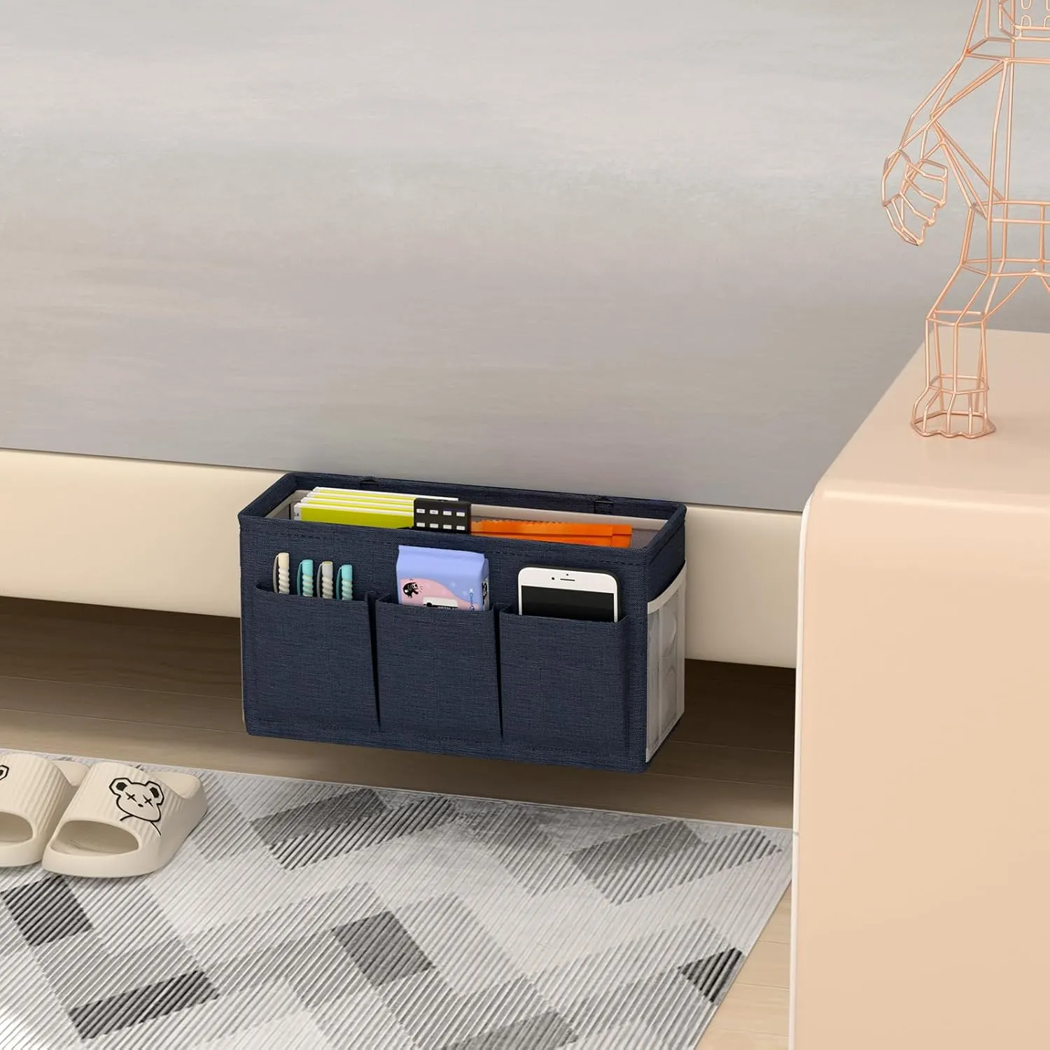 Dual-purpose Bedside Caddy Bedside Organizer, Bed Caddy with 6 Pockets, Versatile Bedside Storage Solution Magazine Remotes holder, ideal for Home, Dorm, Hospital, Crib Bed (Navy)