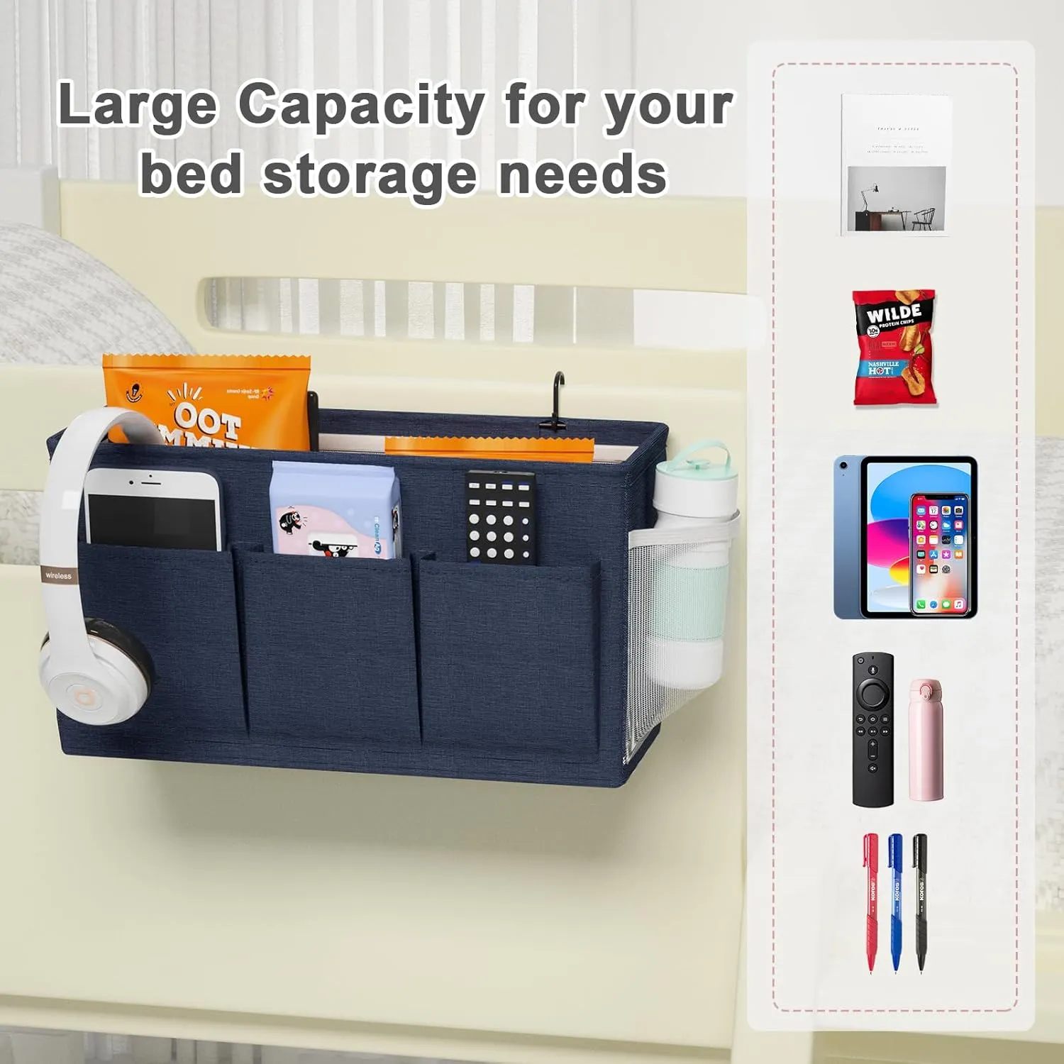 Dual-purpose Bedside Caddy Bedside Organizer, Bed Caddy with 6 Pockets, Versatile Bedside Storage Solution Magazine Remotes holder, ideal for Home, Dorm, Hospital, Crib Bed (Navy)