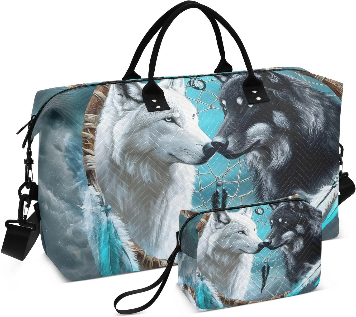 Duffel Bag for Travel, Wolf Fantasy Dreamcatcher Gym Bag with Multiple Interior Pockets Shoulder Weekender Bags for Women Men 20.5L x 7.9W x 13.8H