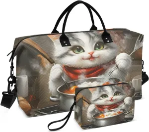 Duffel Bag for Traveling, Cat Cook Food Travel Bag Gym Bag, with Multiple Interior Pockets Shoulder Weekender Bag for Women Men with Toiletry Bag 20.5L x 1.9W x 13.8H