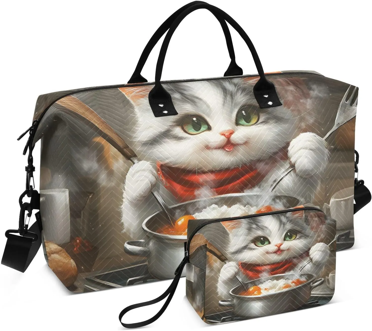 Duffel Bag for Traveling, Cat Cook Food Travel Bag Gym Bag, with Multiple Interior Pockets Shoulder Weekender Bag for Women Men with Toiletry Bag 20.5L x 1.9W x 13.8H