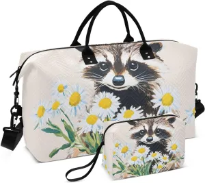 Duffel Bag for Traveling, Cute Raccoon Daisy Travel Bag Gym Bag, with Multiple Interior Pockets Shoulder Weekender Bag for Women Men with Toiletry Bag 20.5L x 1.9W x 13.8H