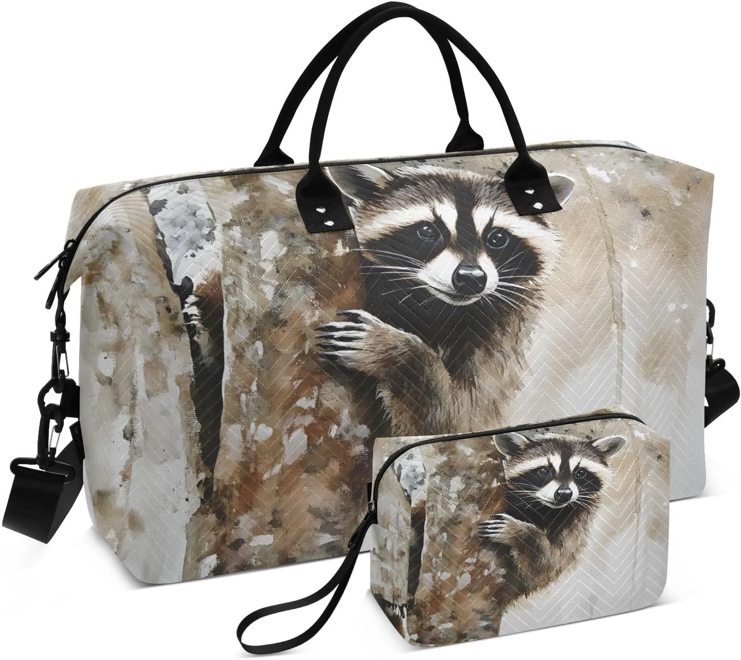 Duffel Bag for Traveling, Cute Raccoon Tree Travel Bag Gym Bag, with Multiple Interior Pockets Shoulder Weekender Bag for Women Men with Toiletry Bag 20.5L x 1.9W x 13.8H