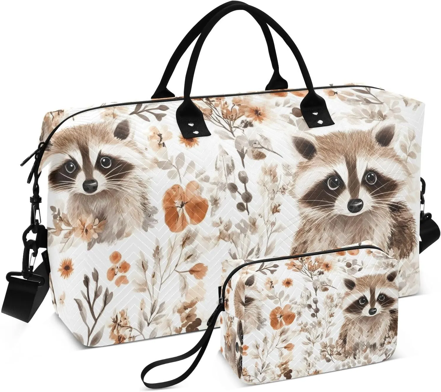 Duffel Bag for Traveling, Cute Raccoons Leaves Travel Bag Gym Bag, with Multiple Interior Pockets Shoulder Weekender Bag for Women Men with Toiletry Bag 20.5L x 1.9W x 13.8H
