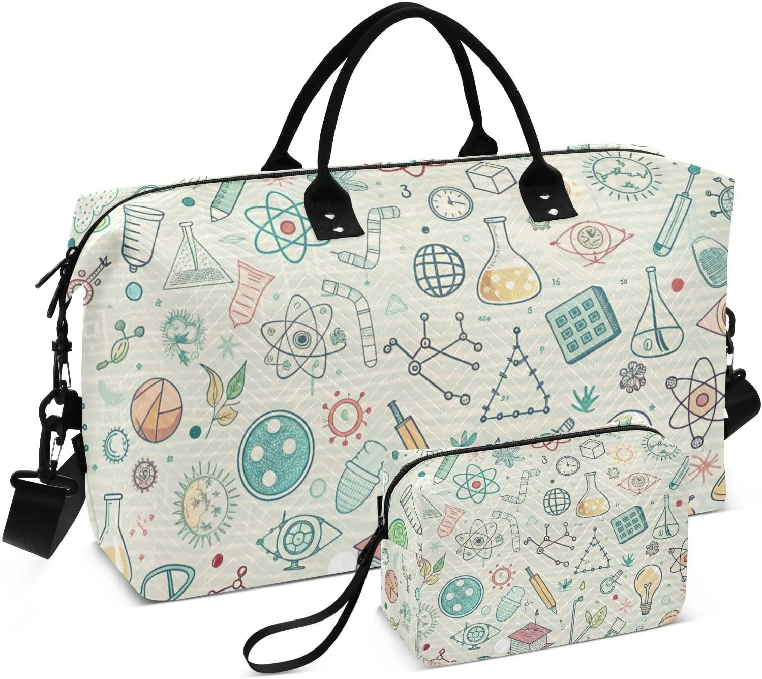 Duffel Bag for Traveling, Doodles Science Pattern Travel Bag Gym Bag, with Multiple Interior Pockets Shoulder Weekender Bag for Women Men with Toiletry Bag 20.5L x 1.9W x 13.8H