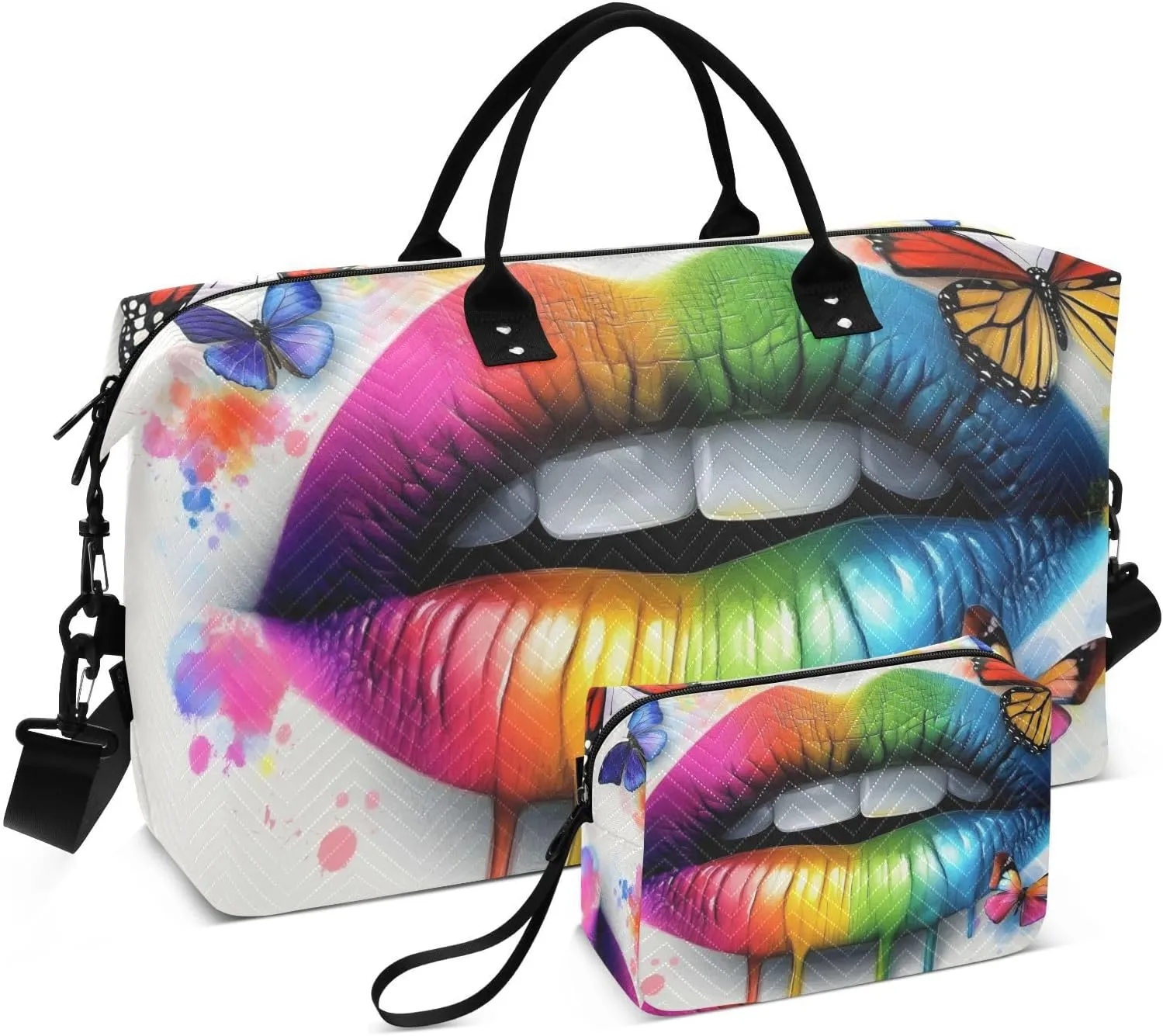 Duffel Bag for Traveling, Lip Colorful Butterfly Travel Bag Gym Bag, with Multiple Interior Pockets Shoulder Weekender Bag for Women Men with Toiletry Bag 20.5L x 1.9W x 13.8H