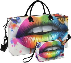 Duffel Bag for Traveling, Lip Colorful Butterfly Travel Bag Gym Bag, with Multiple Interior Pockets Shoulder Weekender Bag for Women Men with Toiletry Bag 20.5L x 1.9W x 13.8H