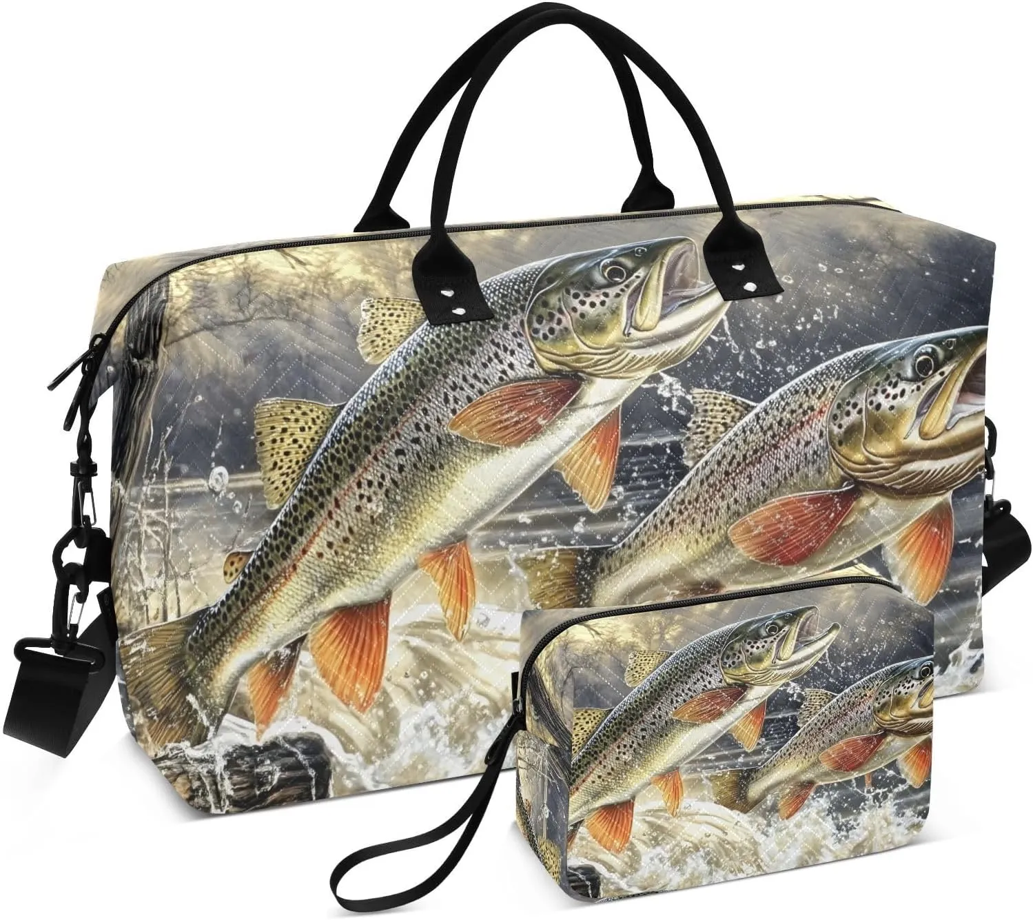 Duffel Bag for Traveling, Trouts Water Jump Travel Bag Gym Bag, with Multiple Interior Pockets Shoulder Weekender Bag for Women Men with Toiletry Bag 20.5L x 7.9W x 13.8H