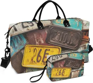 Duffel Bag for Traveling, Vintage License Plates Travel Bag Gym Bag, with Multiple Interior Pockets Shoulder Weekender Bag for Women Men with Toiletry Bag 20.5L x 1.9W x 13.8H