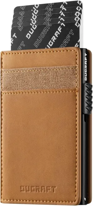 DUGRAFT Slim Card Holder for Men with Aluminum POP UP Credit Card Ejector RFID Blocking, ID Window and 4 Card Slots, Minimalist Front Pocket Wallet for Max. 10 Cards, Light Brown