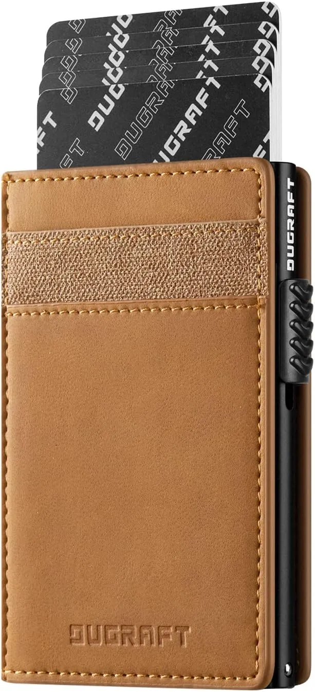 DUGRAFT Slim Card Holder for Men with Aluminum POP UP Credit Card Ejector RFID Blocking, ID Window and 4 Card Slots, Minimalist Front Pocket Wallet for Max. 10 Cards, Light Brown