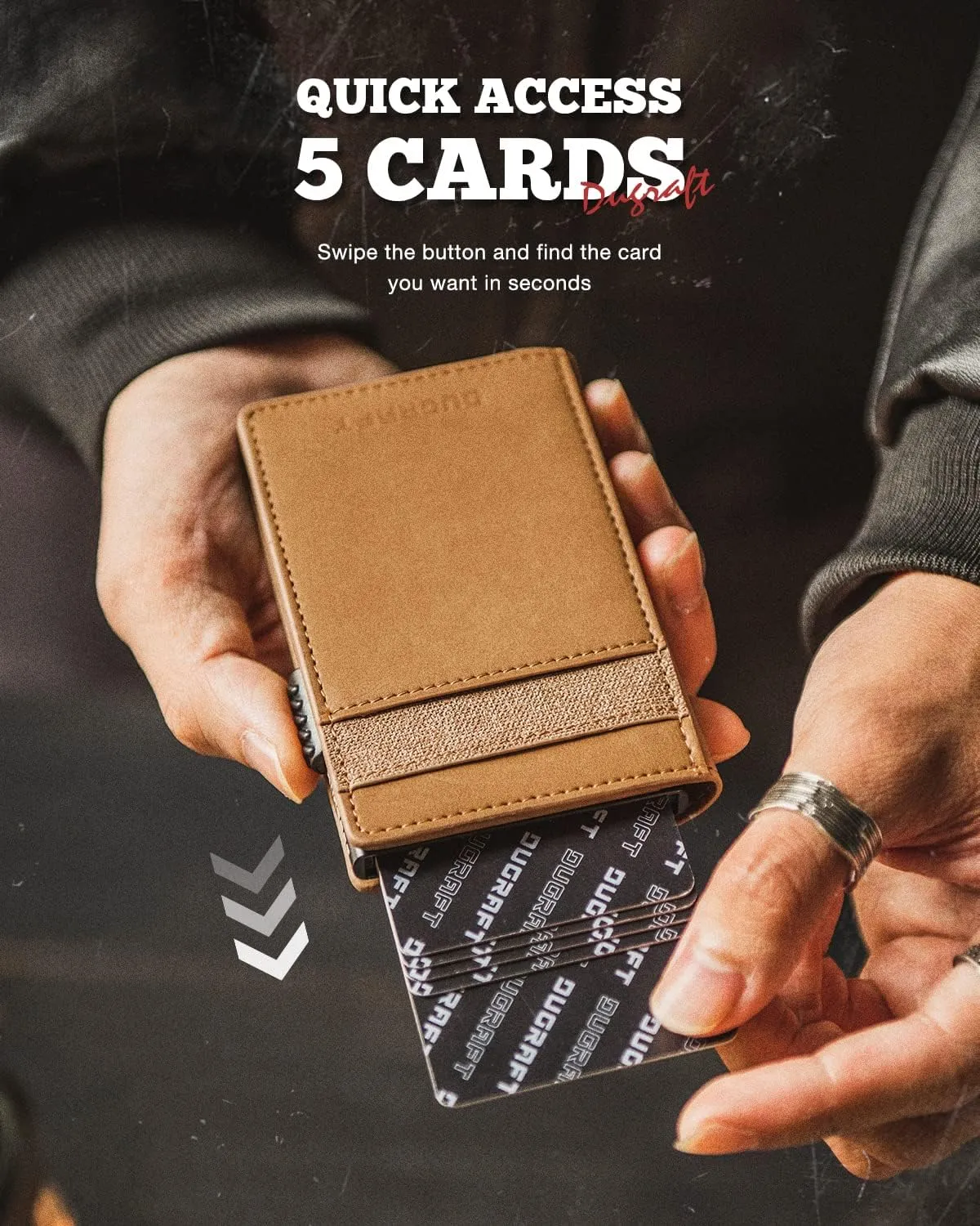 DUGRAFT Slim Card Holder for Men with Aluminum POP UP Credit Card Ejector RFID Blocking, ID Window and 4 Card Slots, Minimalist Front Pocket Wallet for Max. 10 Cards, Light Brown