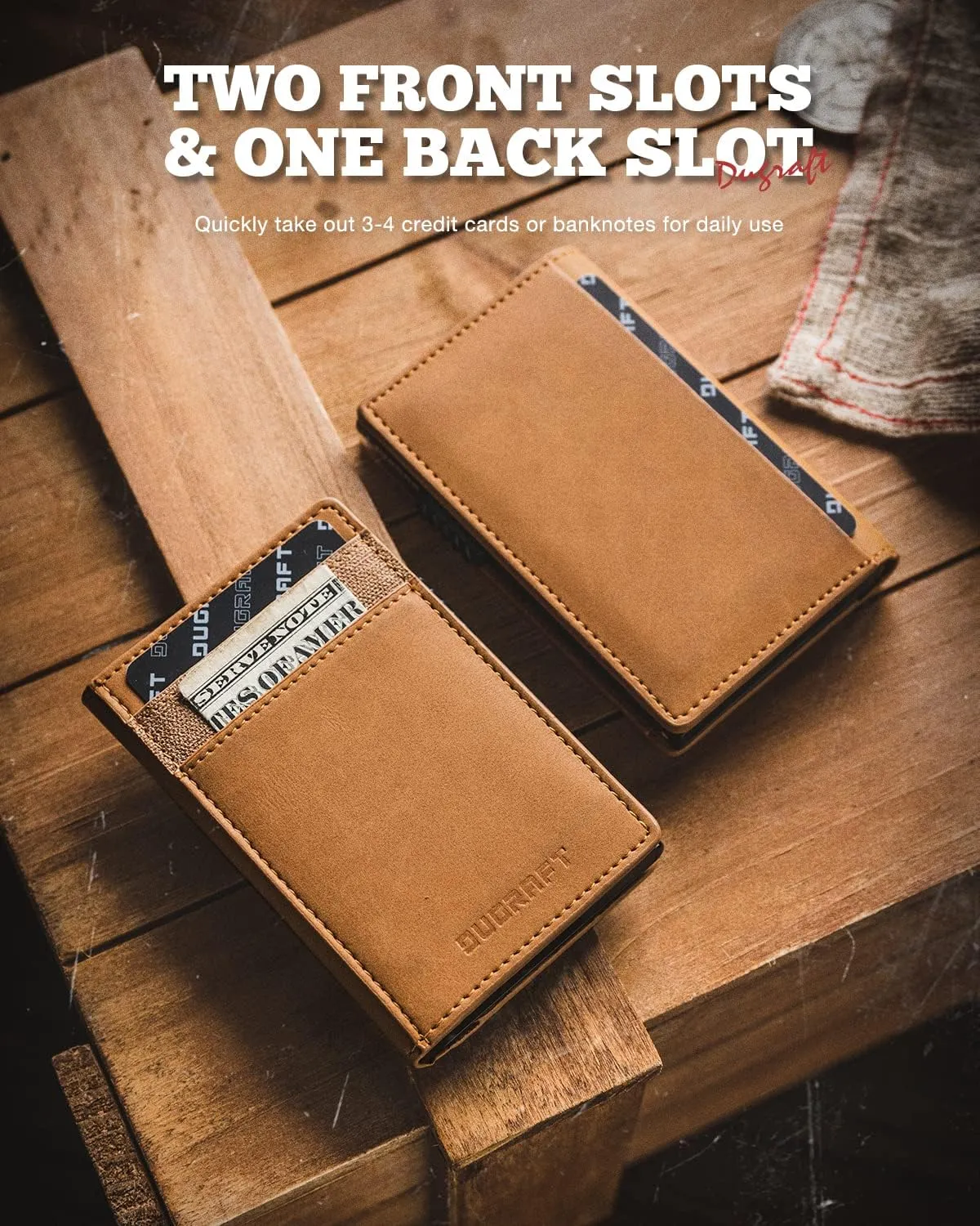 DUGRAFT Slim Card Holder for Men with Aluminum POP UP Credit Card Ejector RFID Blocking, ID Window and 4 Card Slots, Minimalist Front Pocket Wallet for Max. 10 Cards, Light Brown