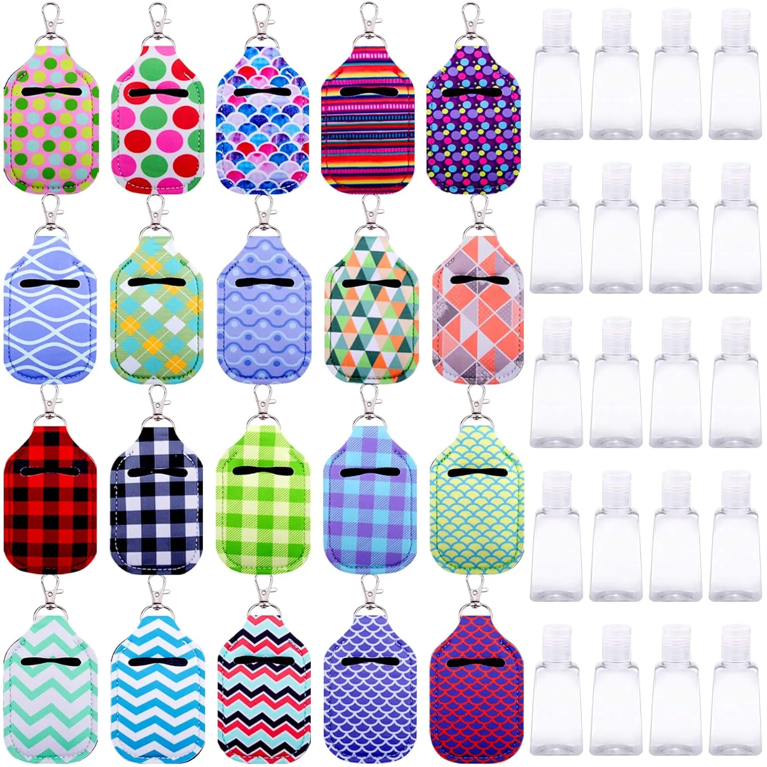 Duufin 40 Pieces Hand Sanitizer Holder Empty Travel Bottle Set: 20 Hand Sanitizer Keychain Holders and 20 Reusable Flip Cap Travel Bottles