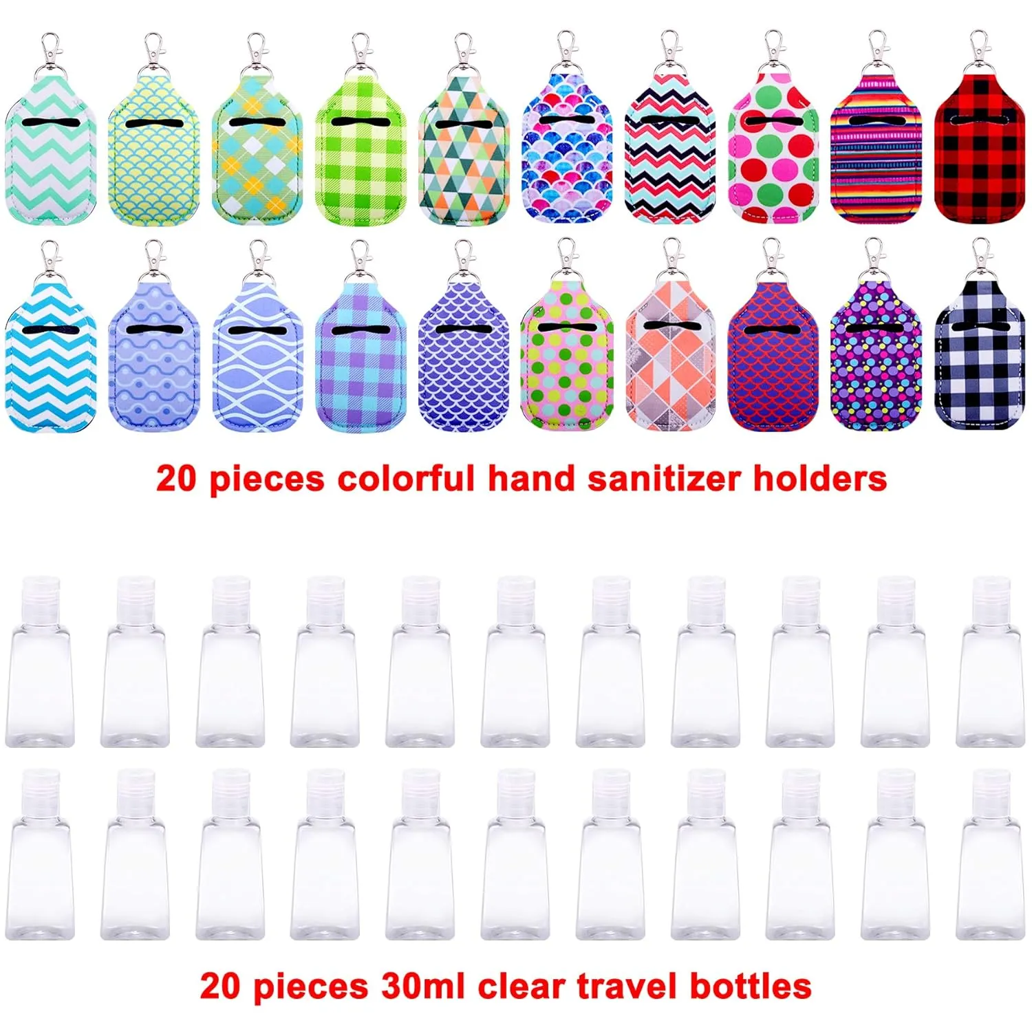 Duufin 40 Pieces Hand Sanitizer Holder Empty Travel Bottle Set: 20 Hand Sanitizer Keychain Holders and 20 Reusable Flip Cap Travel Bottles
