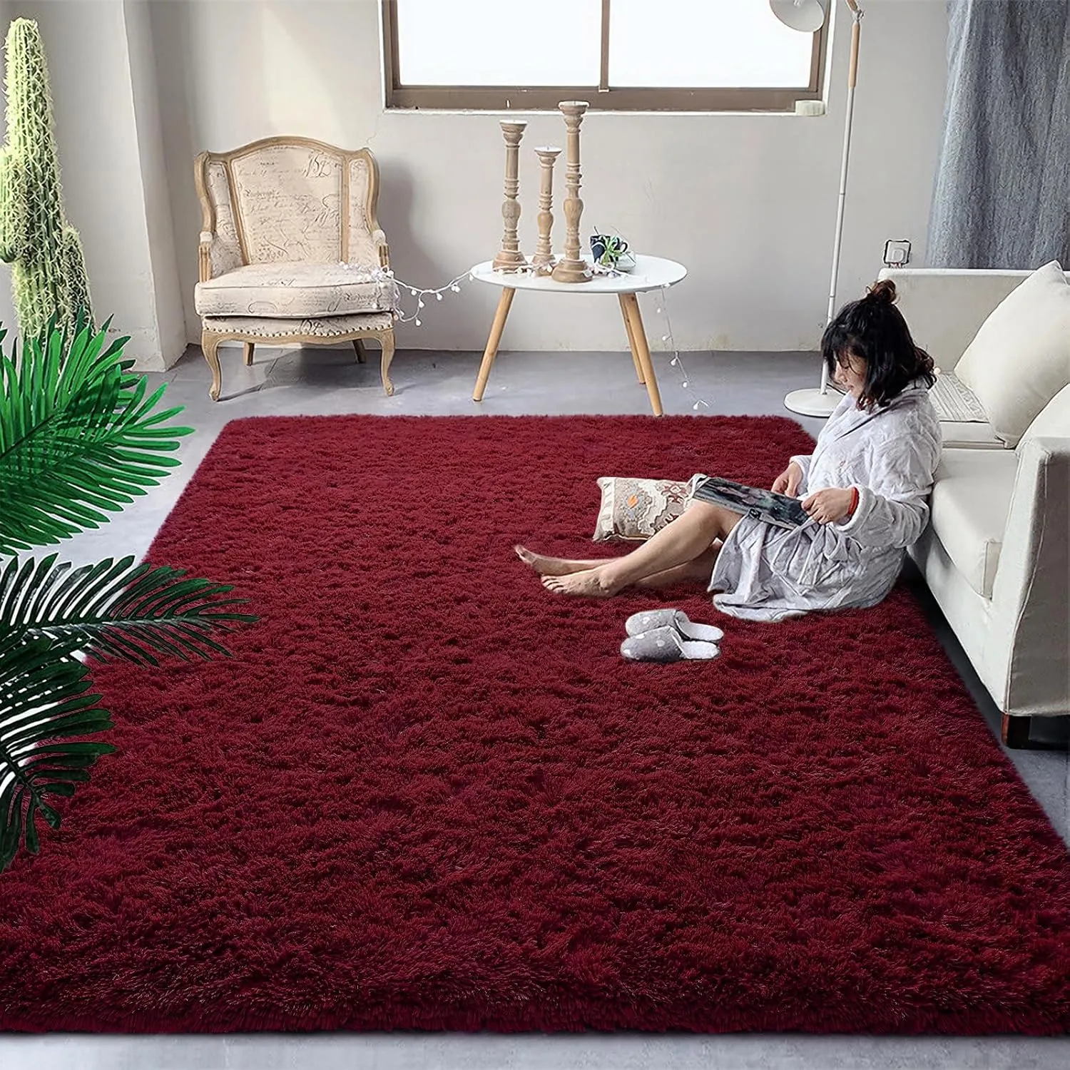 DweIke Area Rugs for Bedroom Living Room, 4x6 Fluffy Burgundy Red Rug Non-Slip Carpet for Kids Boys Girls Teen Dorm Nursery Home Decor, Super Soft Shaggy Plush Indoor Bedside Carpets