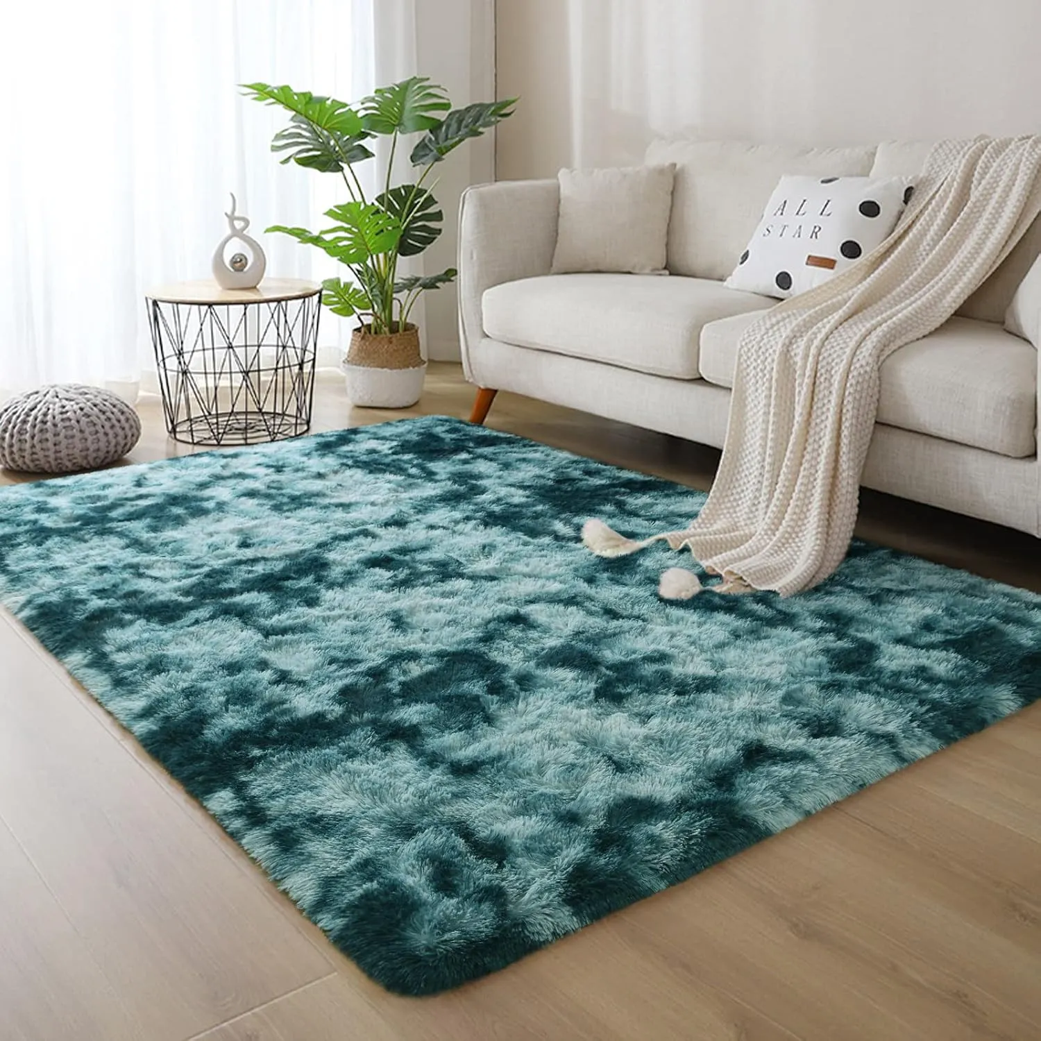 DweIke Extra Large Fluffy Area Rug, 6x9 ft Modern Indoor Carpets for Living Room Bedroom, Plush High Pile Tie-Dyed Rug for Girls Kids Playroom Classroom Nursery Home Décor, Peacock Blue