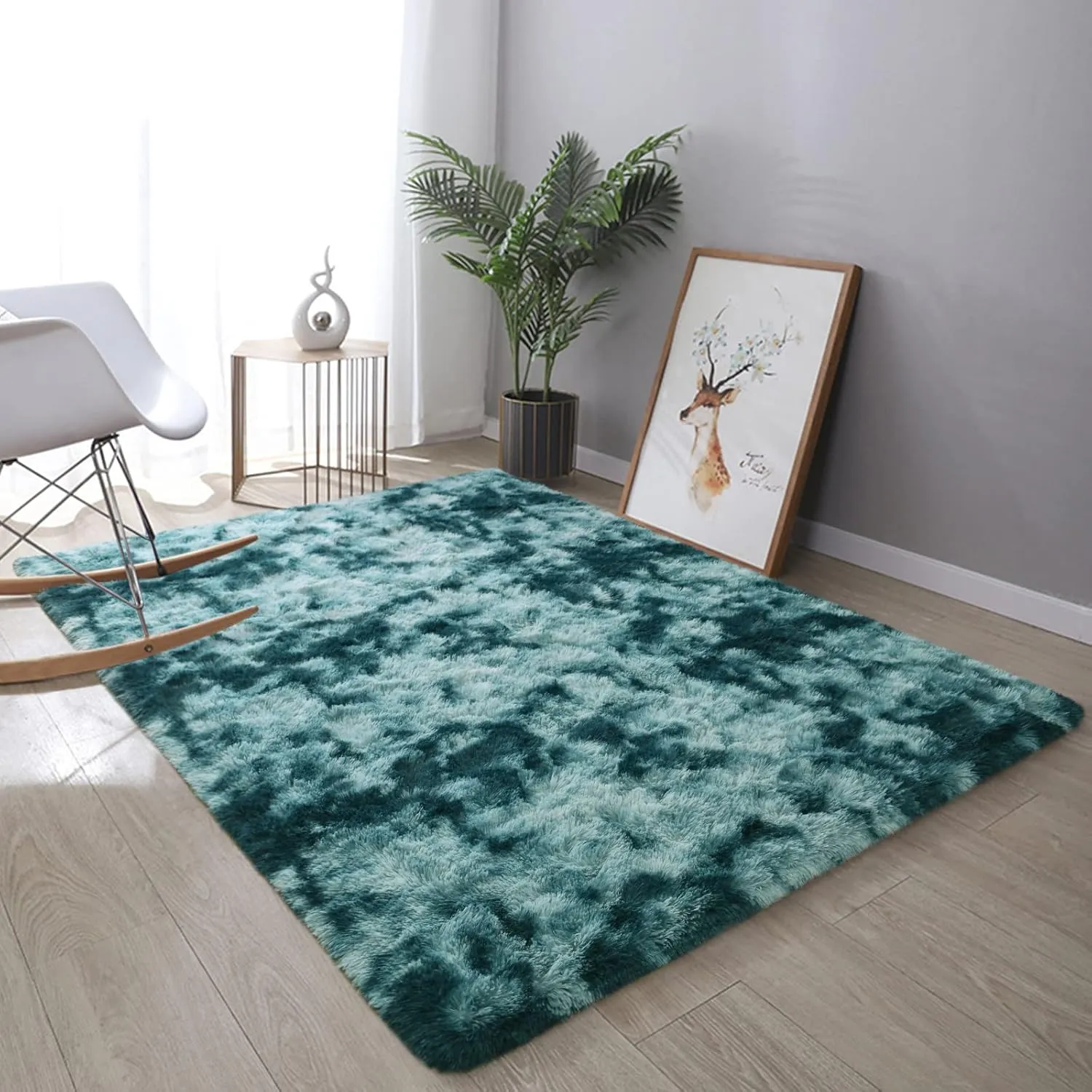 DweIke Extra Large Fluffy Area Rug, 6x9 ft Modern Indoor Carpets for Living Room Bedroom, Plush High Pile Tie-Dyed Rug for Girls Kids Playroom Classroom Nursery Home Décor, Peacock Blue