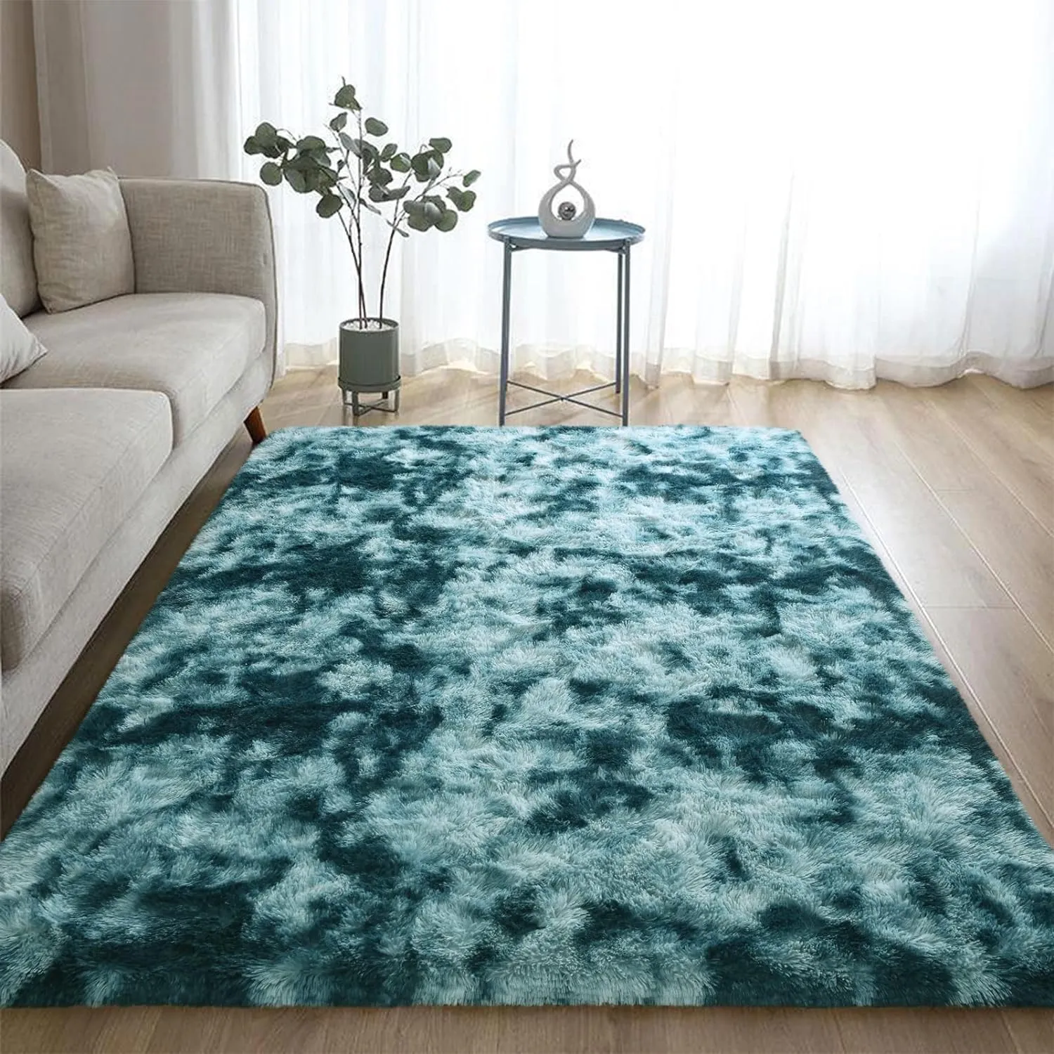 DweIke Extra Large Fluffy Area Rug, 6x9 ft Modern Indoor Carpets for Living Room Bedroom, Plush High Pile Tie-Dyed Rug for Girls Kids Playroom Classroom Nursery Home Décor, Peacock Blue