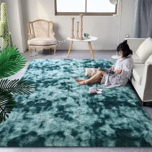 DweIke Extra Large Fluffy Area Rug, 6x9 ft Modern Indoor Carpets for Living Room Bedroom, Plush High Pile Tie-Dyed Rug for Girls Kids Playroom Classroom Nursery Home Décor, Peacock Blue