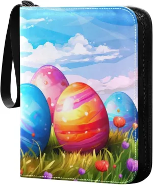 Easter Colorful Eggs Card Binder 4-Pocket, 400 Pockets Trading Cards Holder Games Card Albums Storage Organizer Case for Football, Baseball Cards