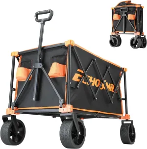 EchoSmile Collapsible Folding Wagon Cart 360lbs, Heavy Duty Garden Utility Cart with All Terrain Wheels, Large Capacity Outdoor Wagon for Camping, Beach, Shopping, Picnic (Black Orange)