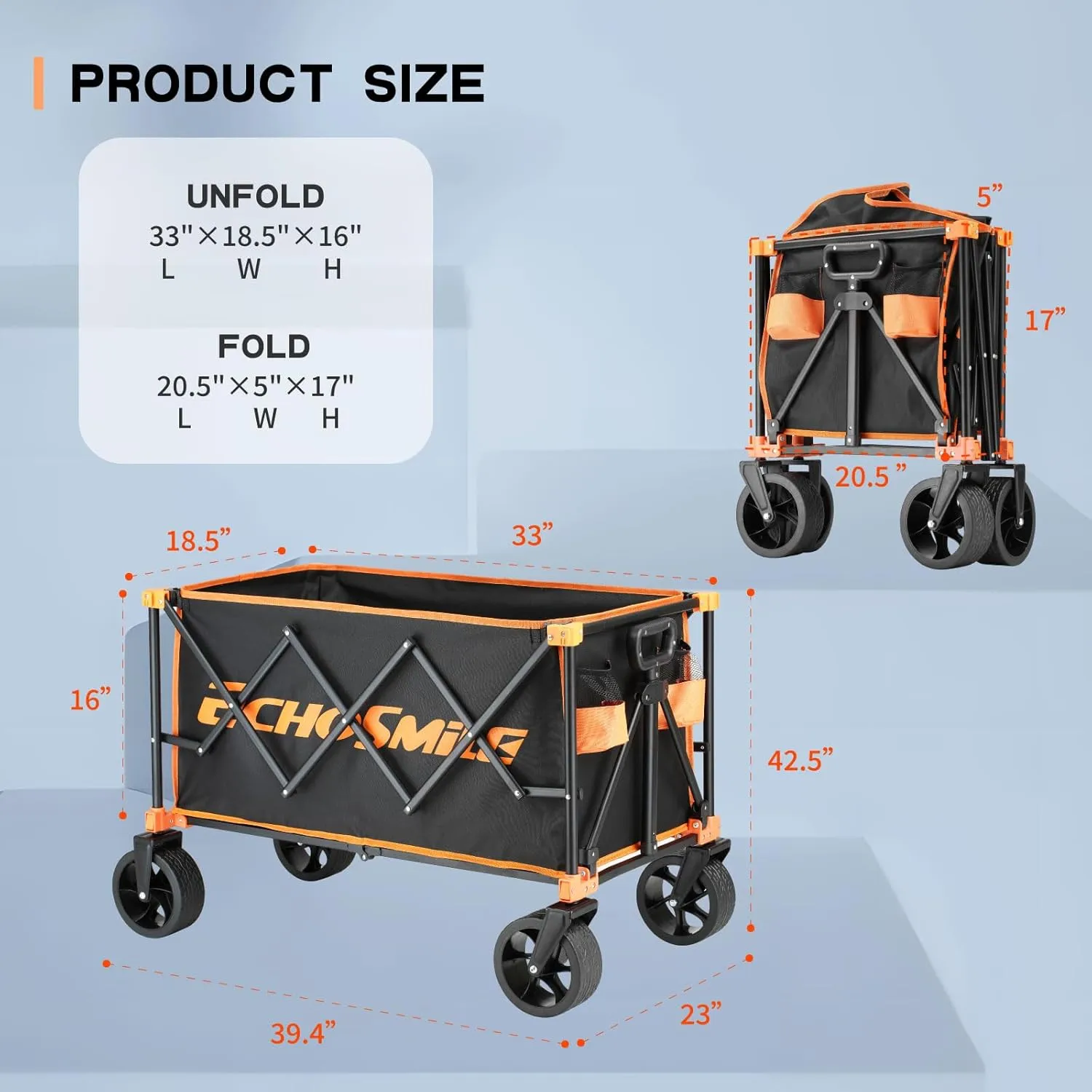 EchoSmile Collapsible Folding Wagon Cart 360lbs, Heavy Duty Garden Utility Cart with All Terrain Wheels, Large Capacity Outdoor Wagon for Camping, Beach, Shopping, Picnic (Black Orange)