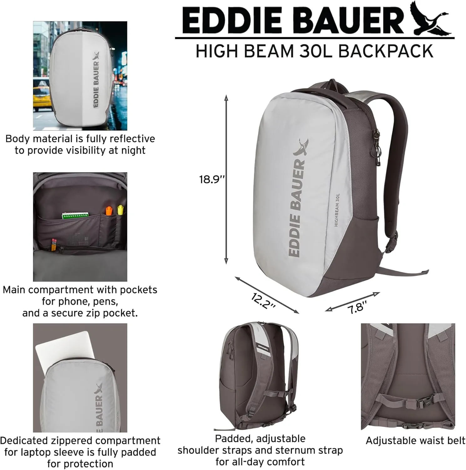 Eddie Bauer High Beam Backpack | Travel | Daypack | Commuter | Laptop Sleeve | Reflective | Outdoor, Silver, 30L