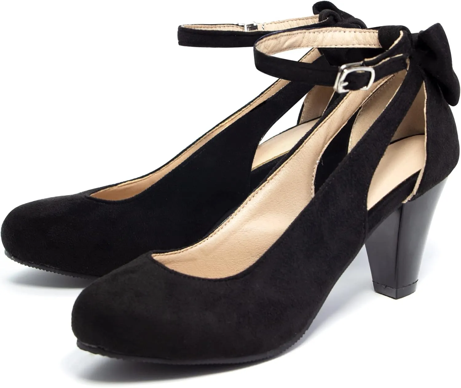 Elerhythm Women's Mary Jane Bow Closed Toe Vintage Pumps Heels Gatsby Victorian 1920s Dresses Faux Suede Shoes
