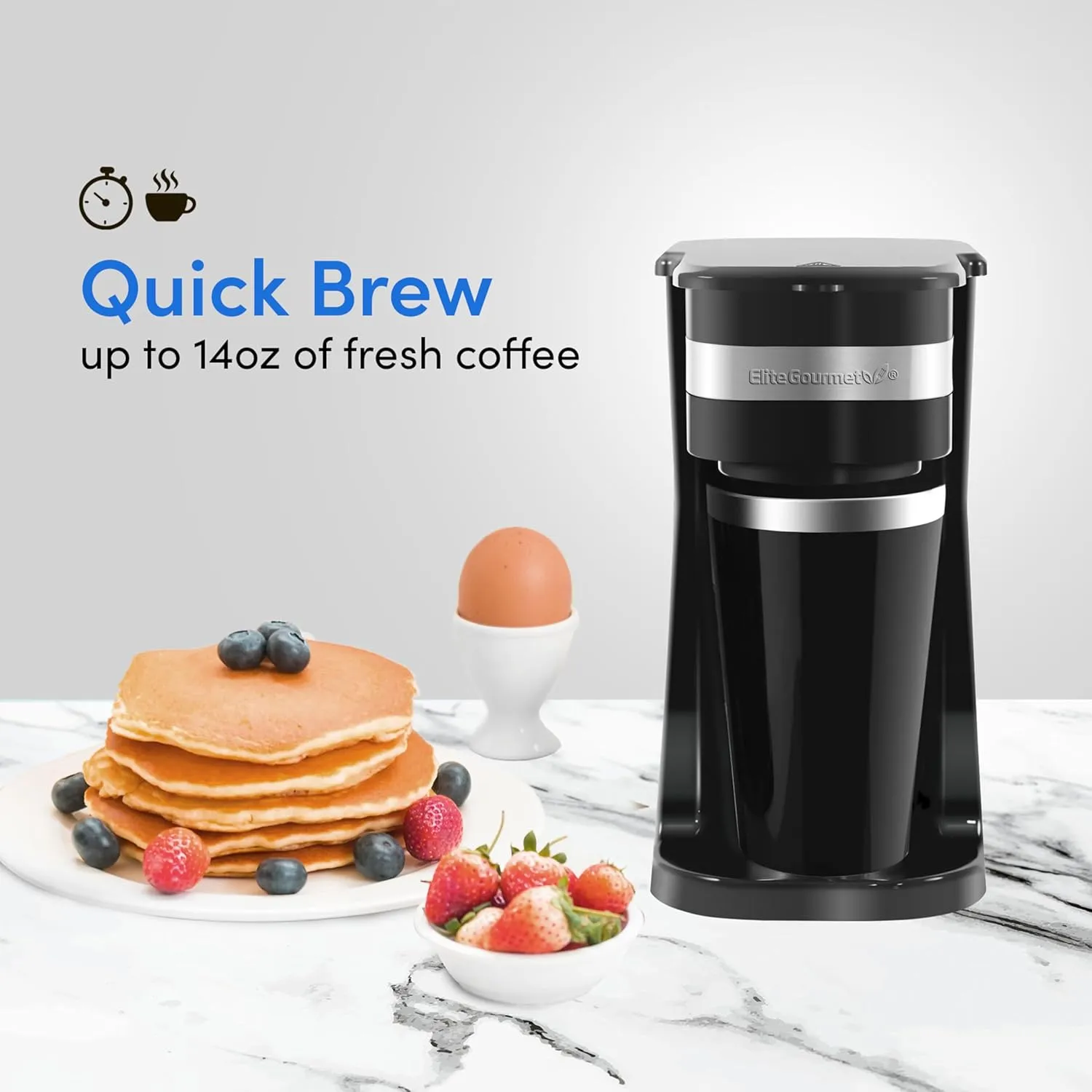 Elite Gourmet EHC113 Personal Single-Serve Compact Coffee Maker Brewer Includes 14Oz. Stainless Steel Interior Thermal Travel Mug, Compatible with Coffee Grounds, Reusable Filter, Black
