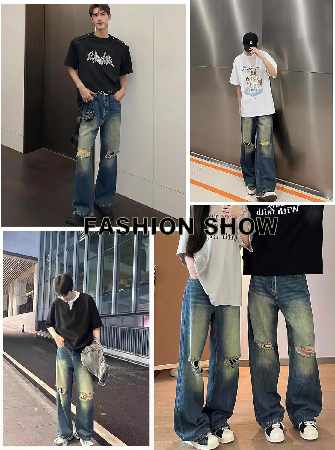 EMMIOL Mens Baggy Jeans Ripped Loose Wide Leg Distressed Jeans Pants Casual Denim Skater Y2k Vintage Streetwear 90s