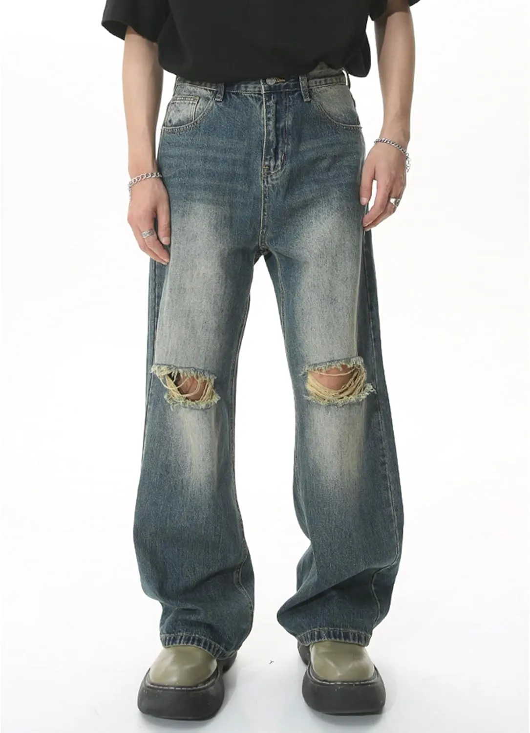 EMMIOL Mens Baggy Jeans Ripped Loose Wide Leg Distressed Jeans Pants Casual Denim Skater Y2k Vintage Streetwear 90s