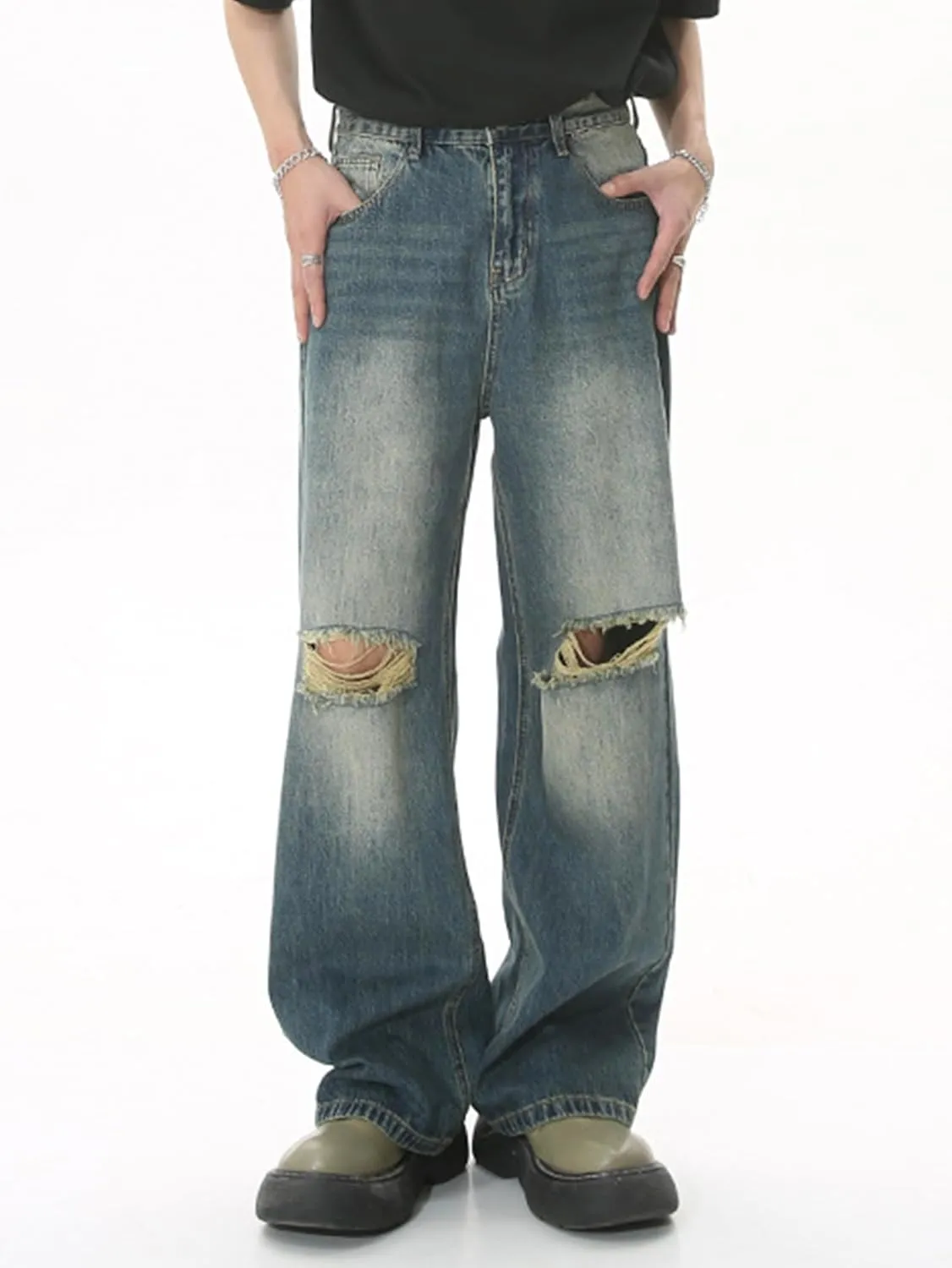 EMMIOL Mens Baggy Jeans Ripped Loose Wide Leg Distressed Jeans Pants Casual Denim Skater Y2k Vintage Streetwear 90s
