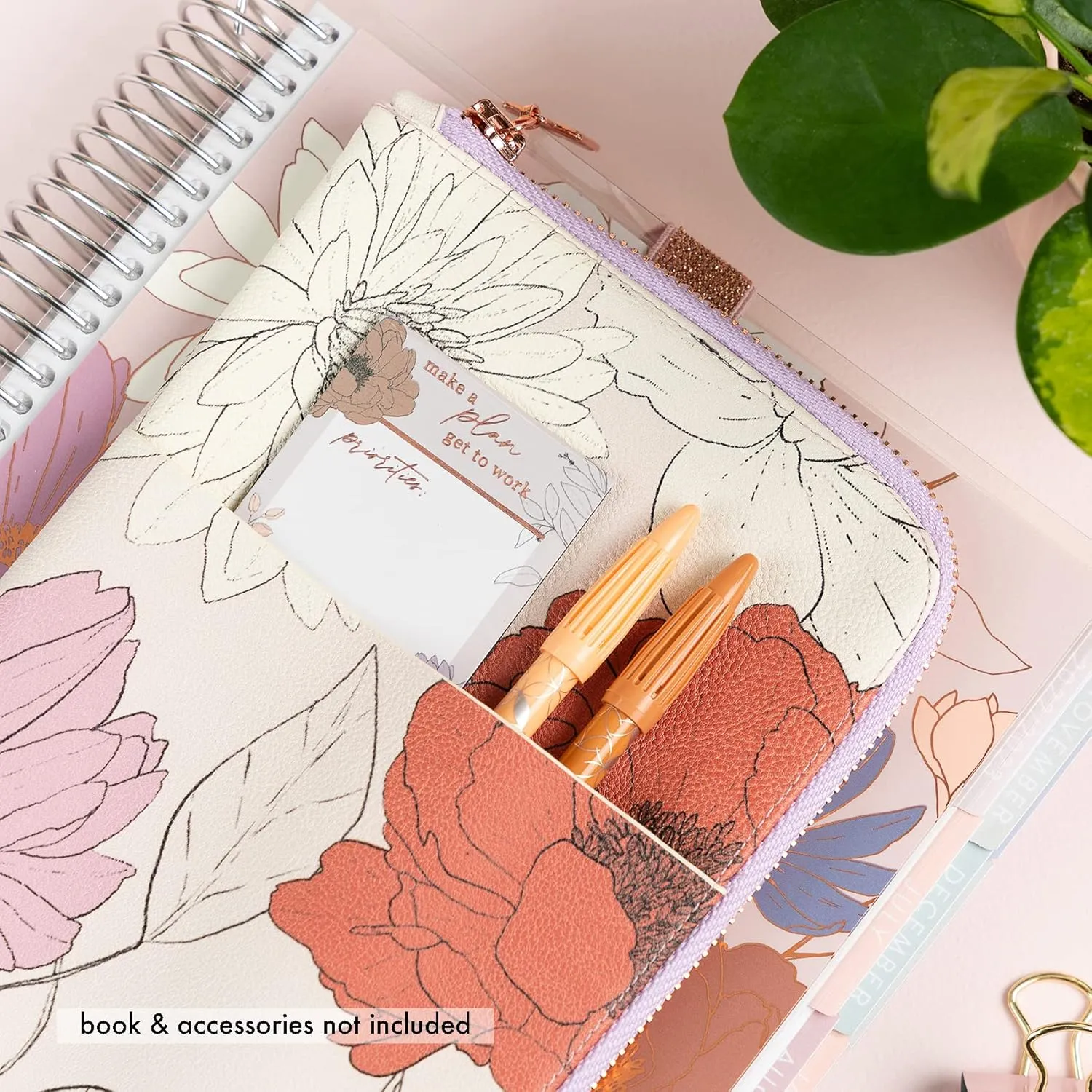 Erin Condren Ultimate Planny Pack, Vegan Leather Organizer for Travel, Work, and School, Stylish & Durable Multi-Compartment Storage Case With Metal Zipper for Pens and Accessories, In Bloom