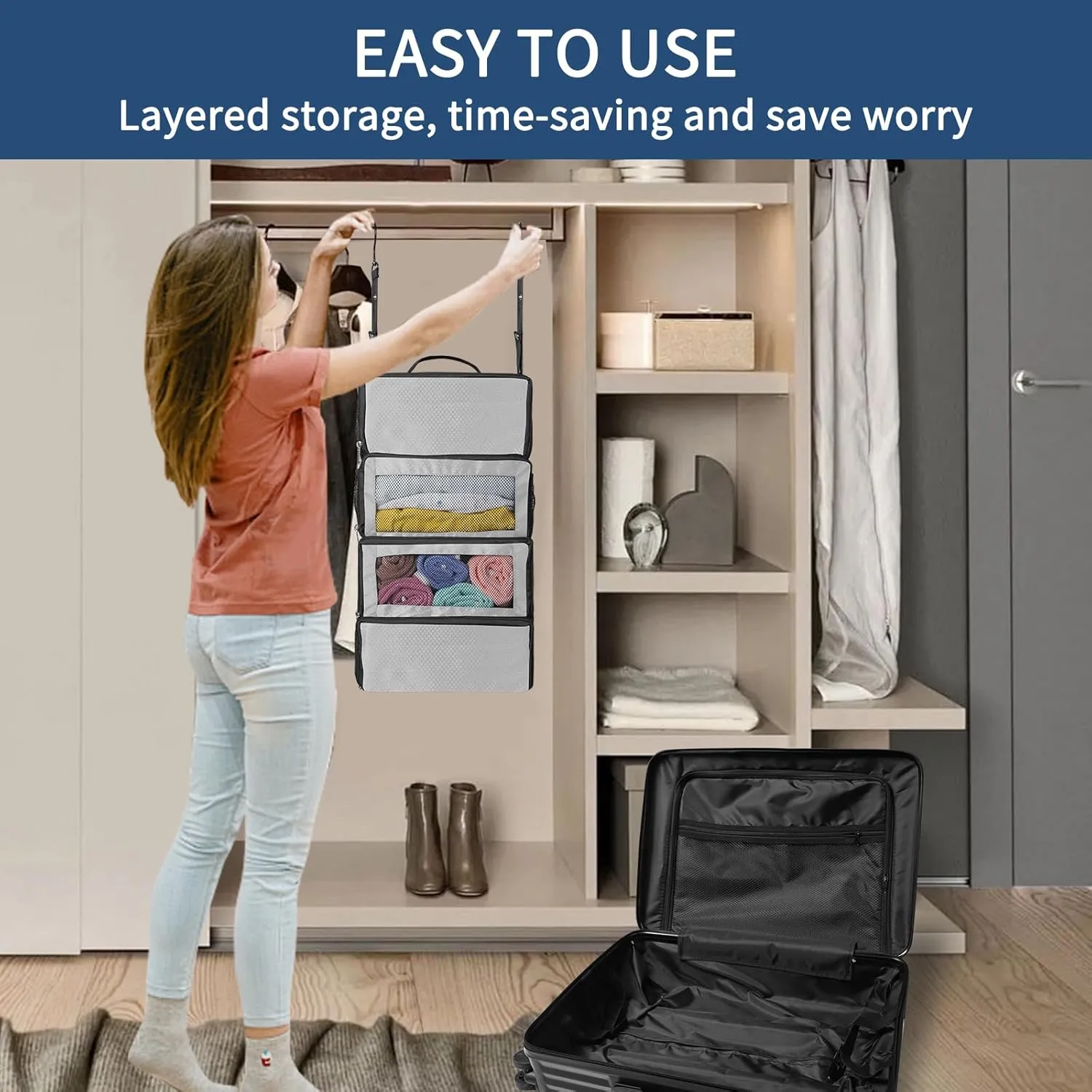 esouler Suitcase Organizer - Hanging Packing Cubes & Portable Shelves for Carry-on (Grey, Small)