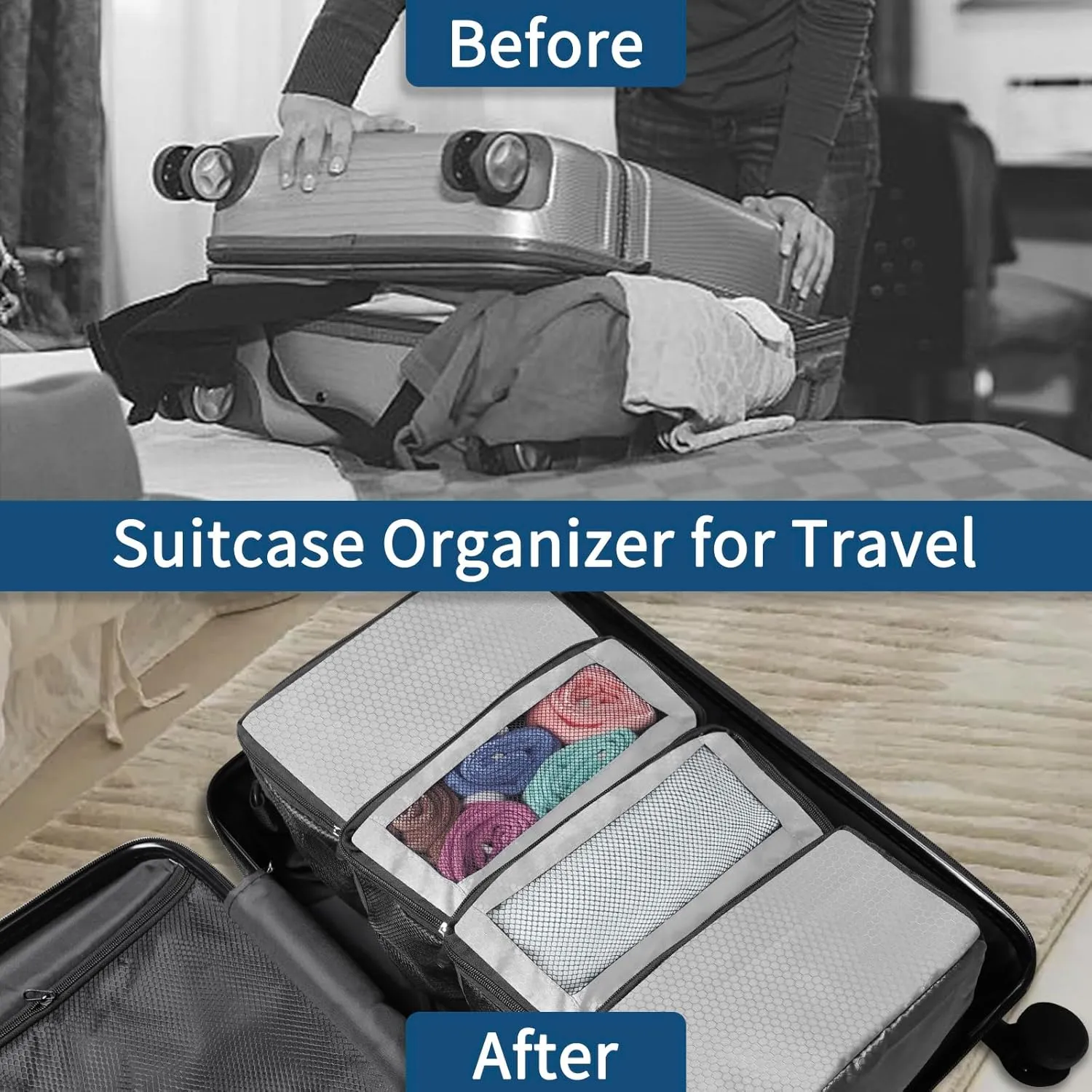 esouler Suitcase Organizer - Hanging Packing Cubes & Portable Shelves for Carry-on (Grey, Small)