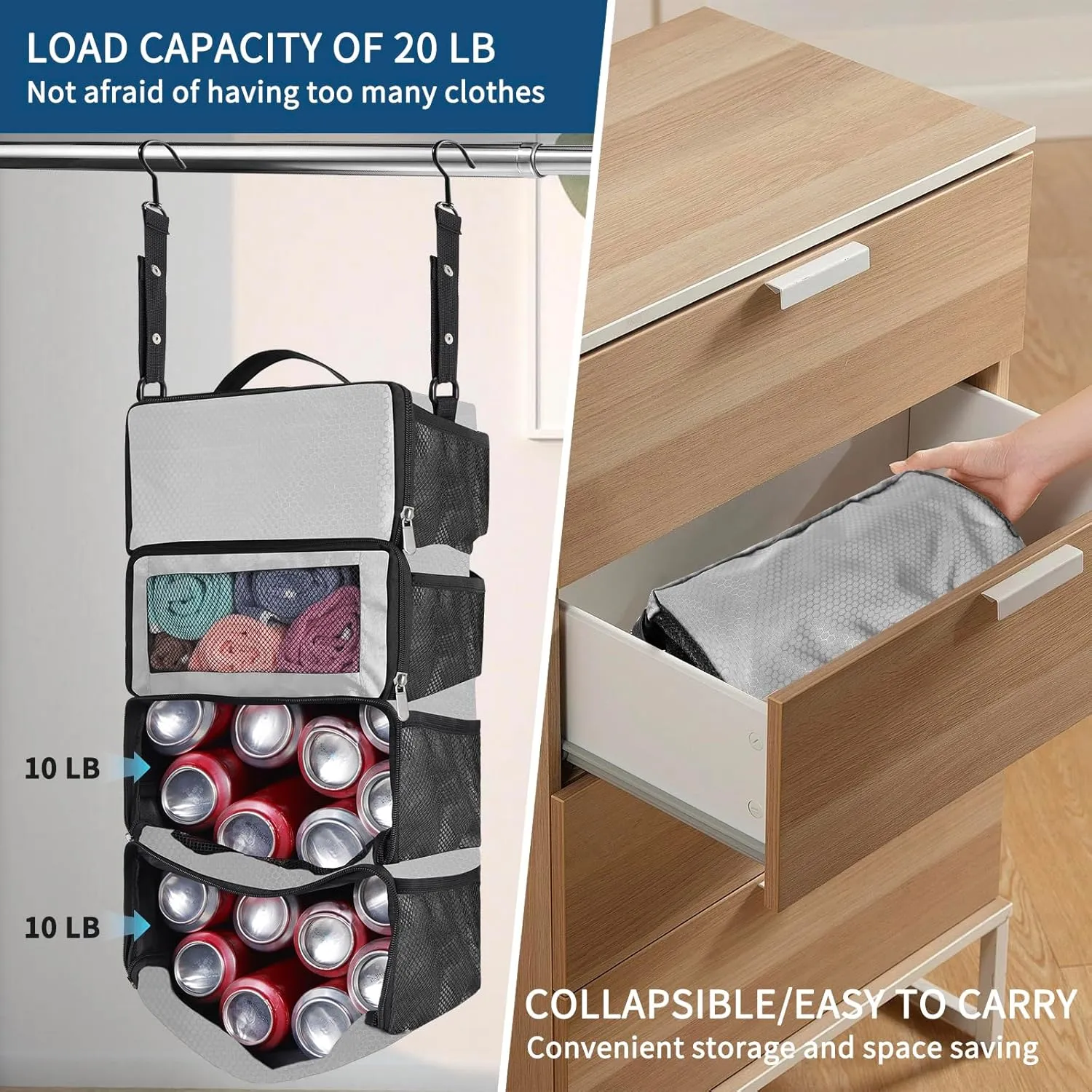 esouler Suitcase Organizer - Hanging Packing Cubes & Portable Shelves for Carry-on (Grey, Small)